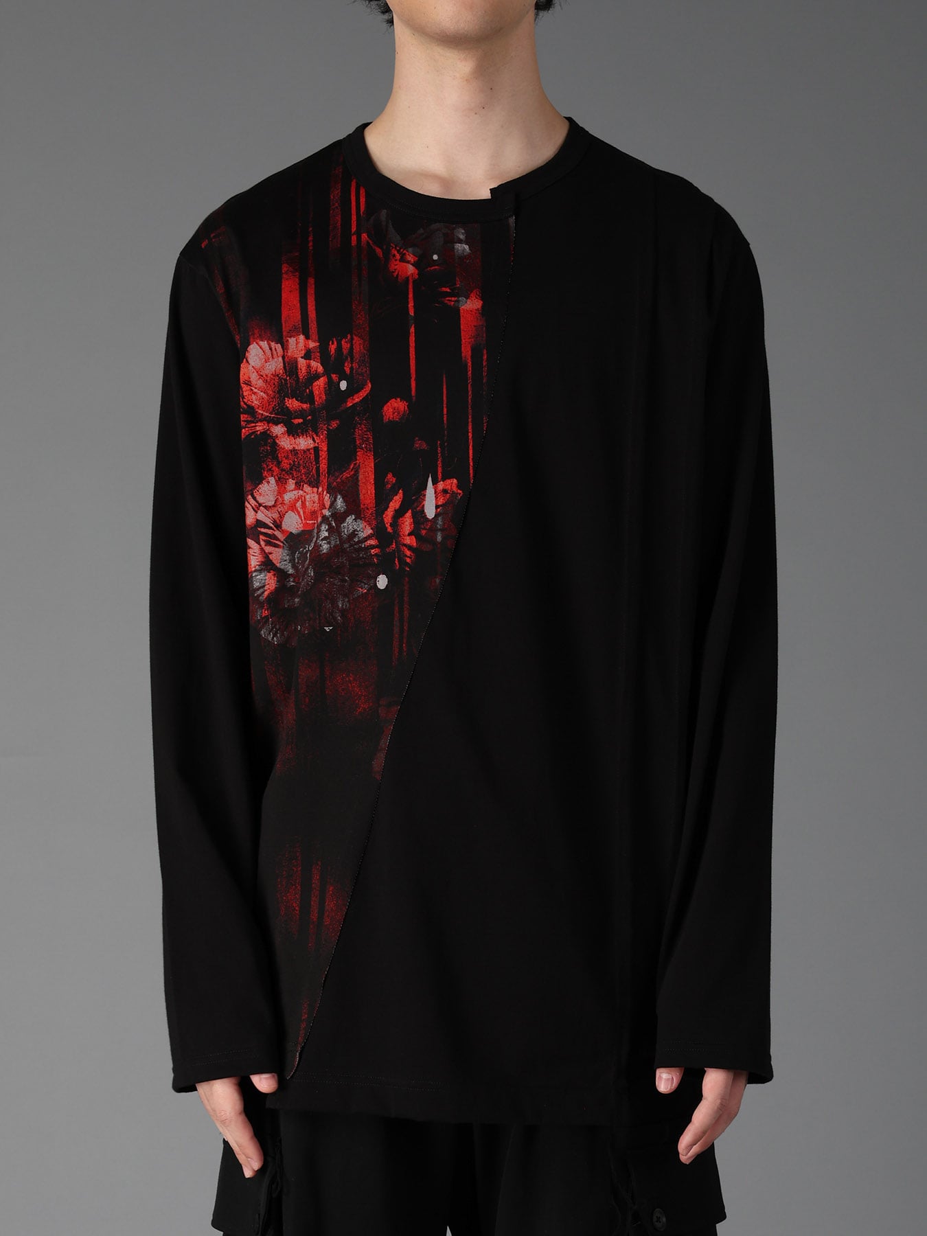 FLORAL STRIPED & COTTON JERSEY CUT-OFF LONG-SLEEVED T-SHIRT