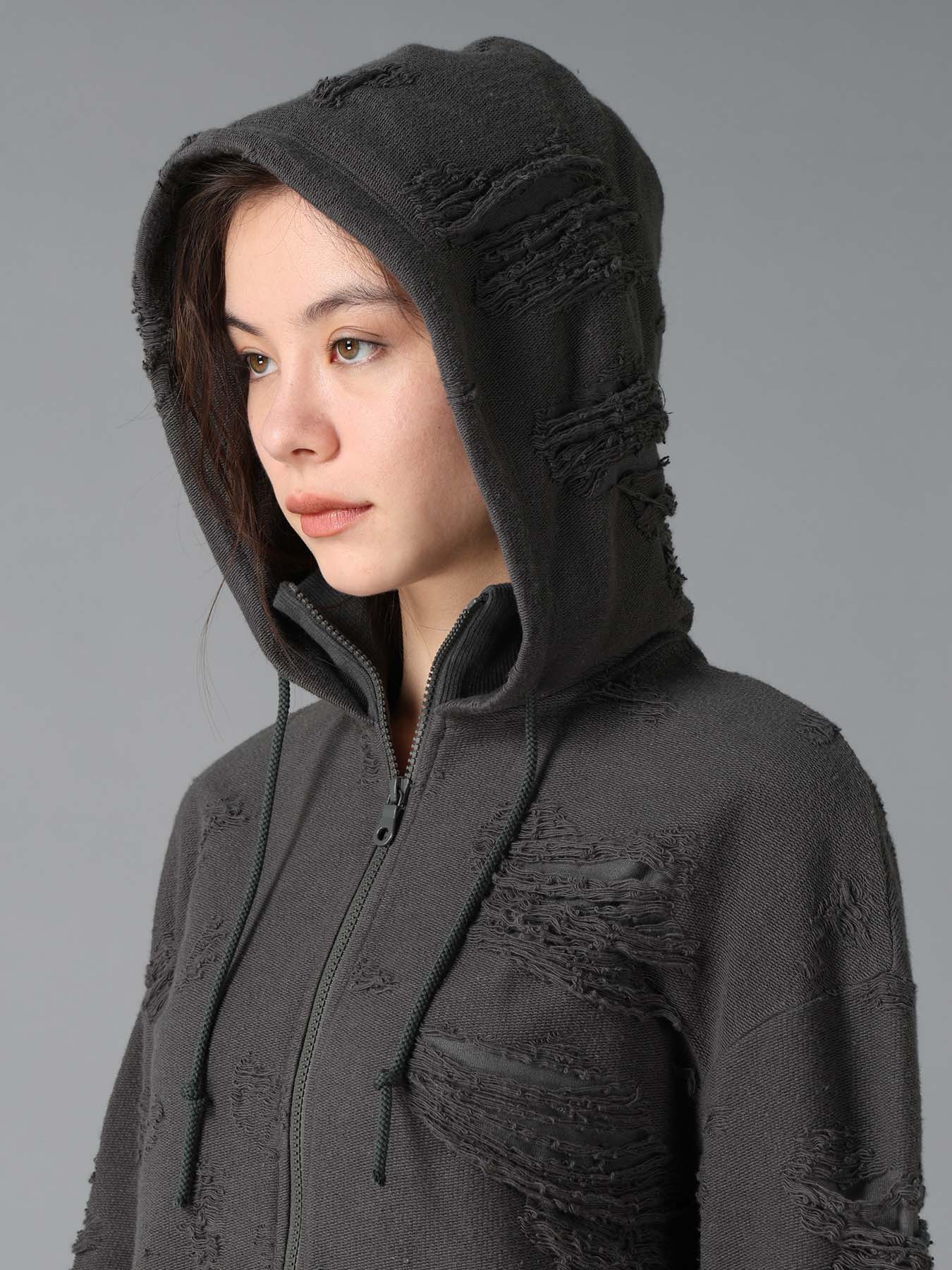 DAMAGE JACQUARD FRENCH TERRY NECK RIB CUT-OFF SEAM HOODIE
