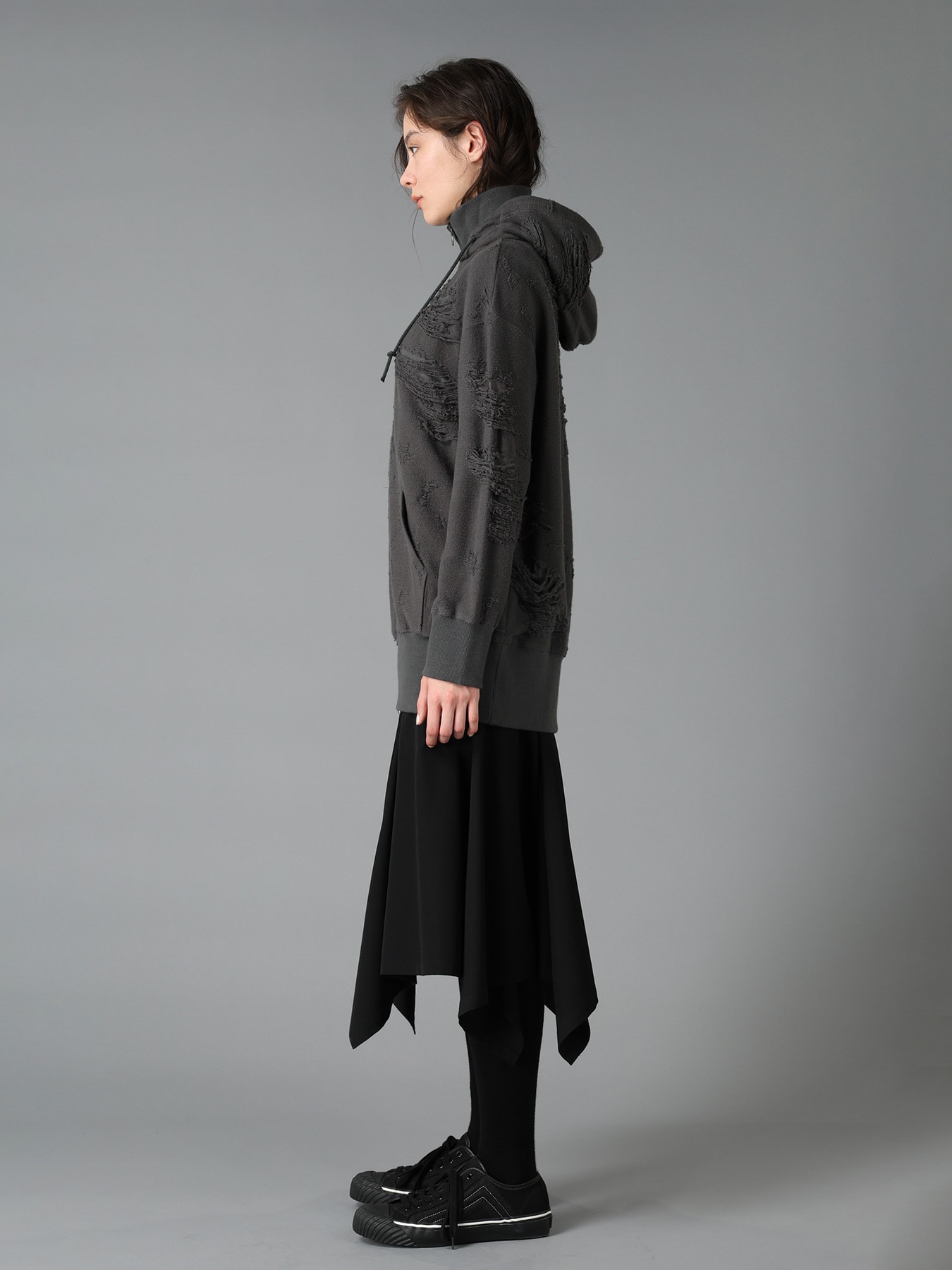 DAMAGE JACQUARD FRENCH TERRY NECK RIB CUT-OFF SEAM HOODIE