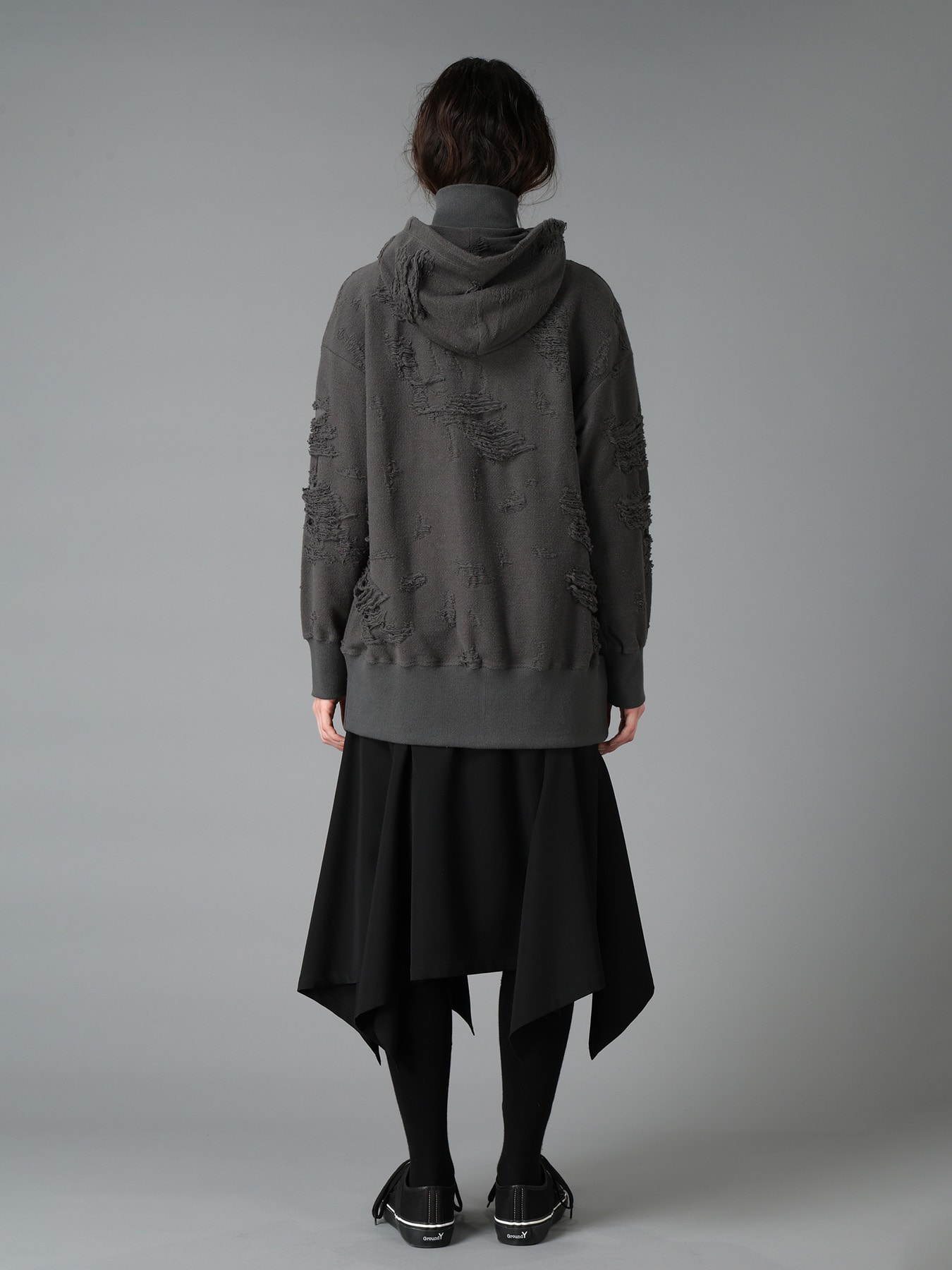 DAMAGE JACQUARD FRENCH TERRY NECK RIB CUT-OFF SEAM HOODIE