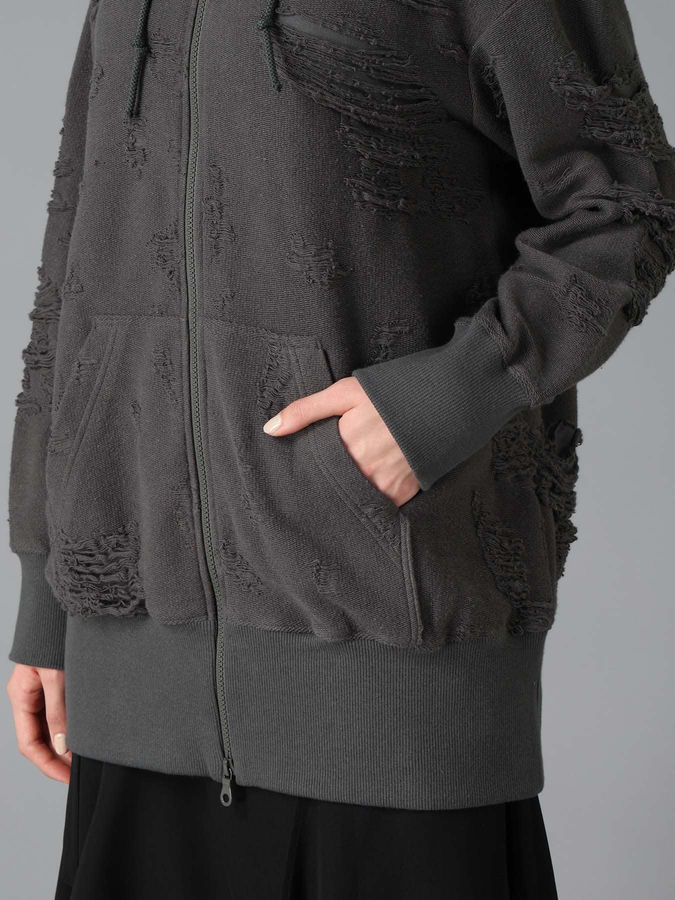 DAMAGE JACQUARD FRENCH TERRY NECK RIB CUT-OFF SEAM HOODIE