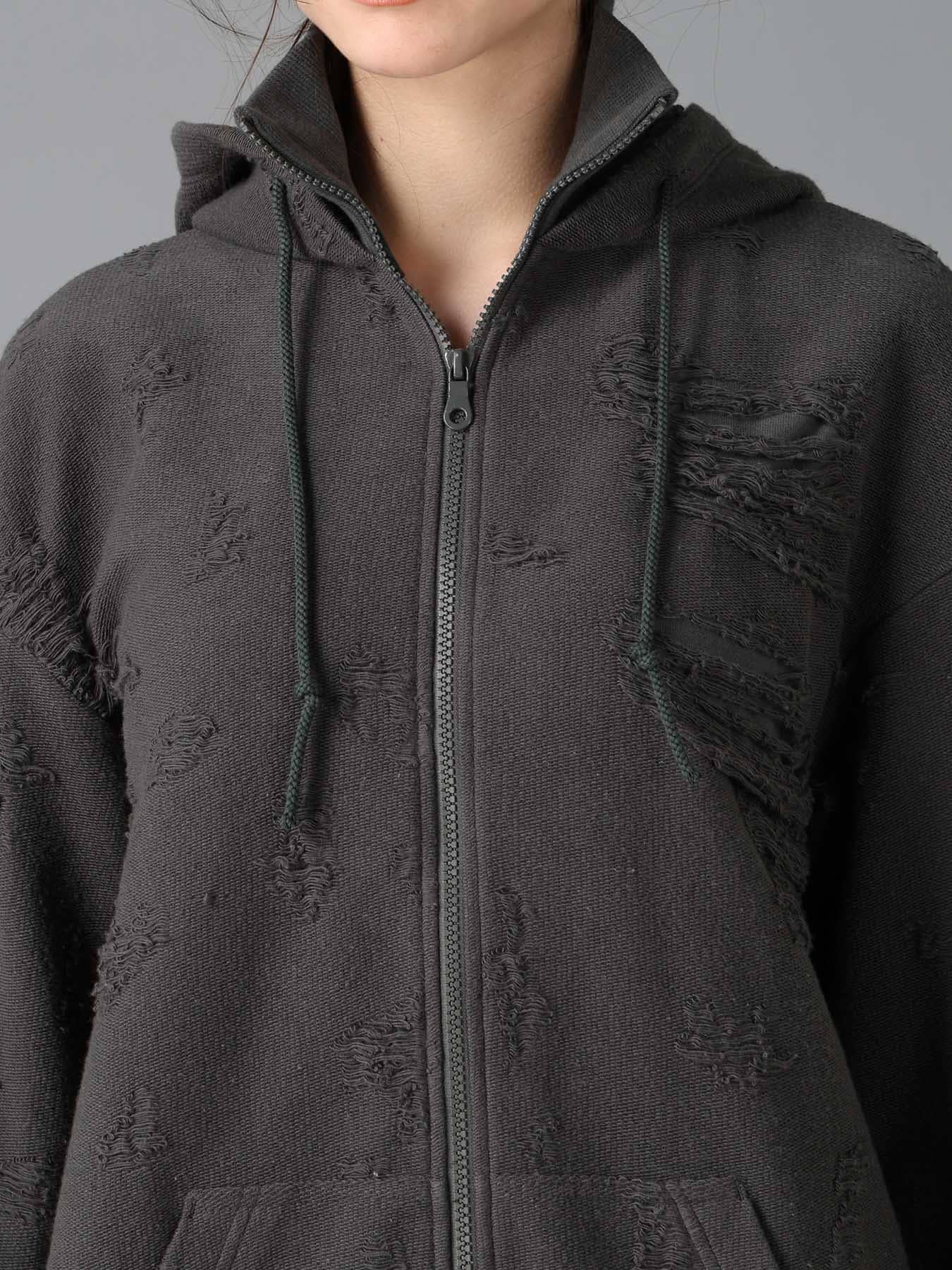 DAMAGE JACQUARD FRENCH TERRY NECK RIB CUT-OFF SEAM HOODIE
