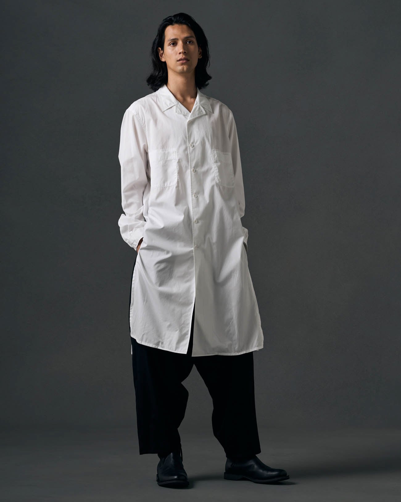 COTTON BROADCLOTH OPEN COLLAR LONG SHIRT(S White): power of the ...