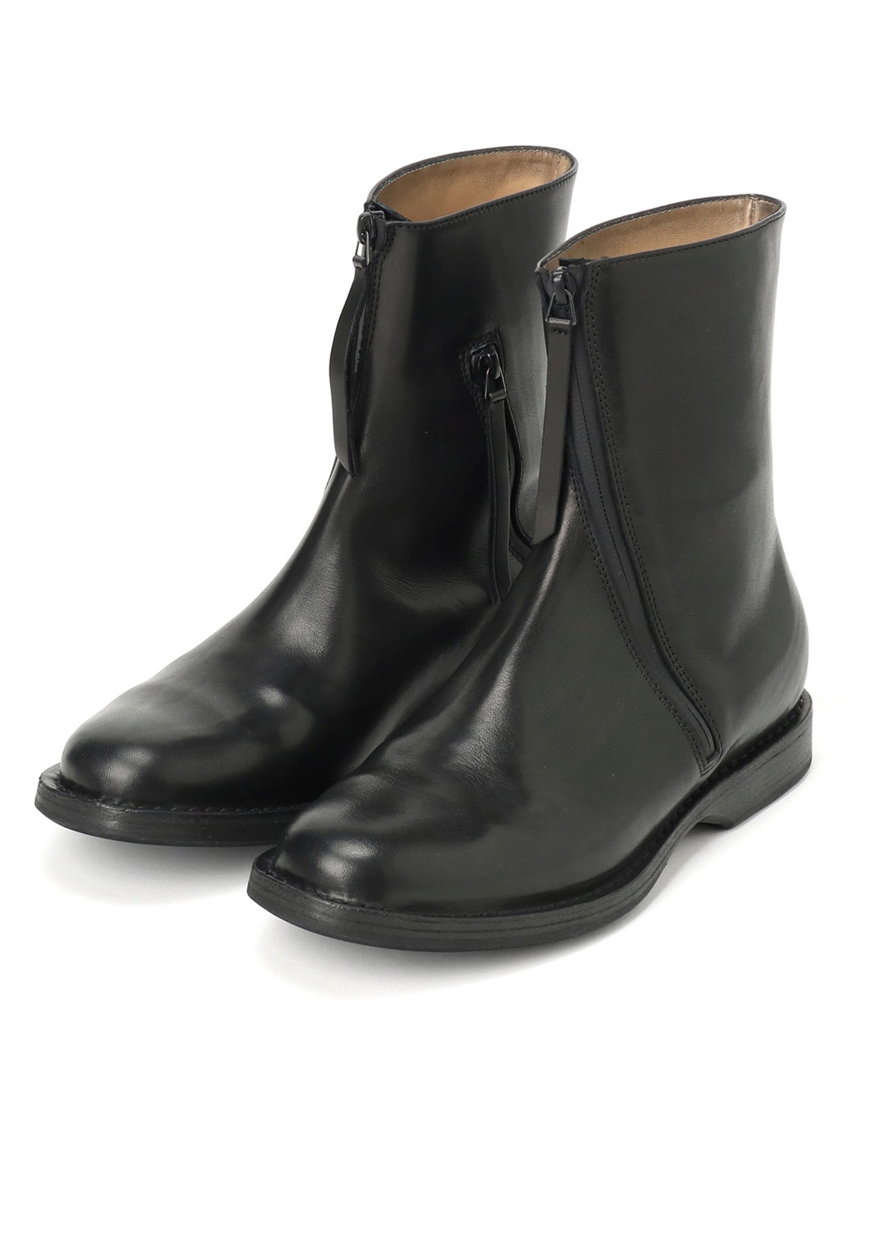 WAXED CALF LEATHER CURVED ZIPPER BOOTS(26 Black): Vintage｜THE 