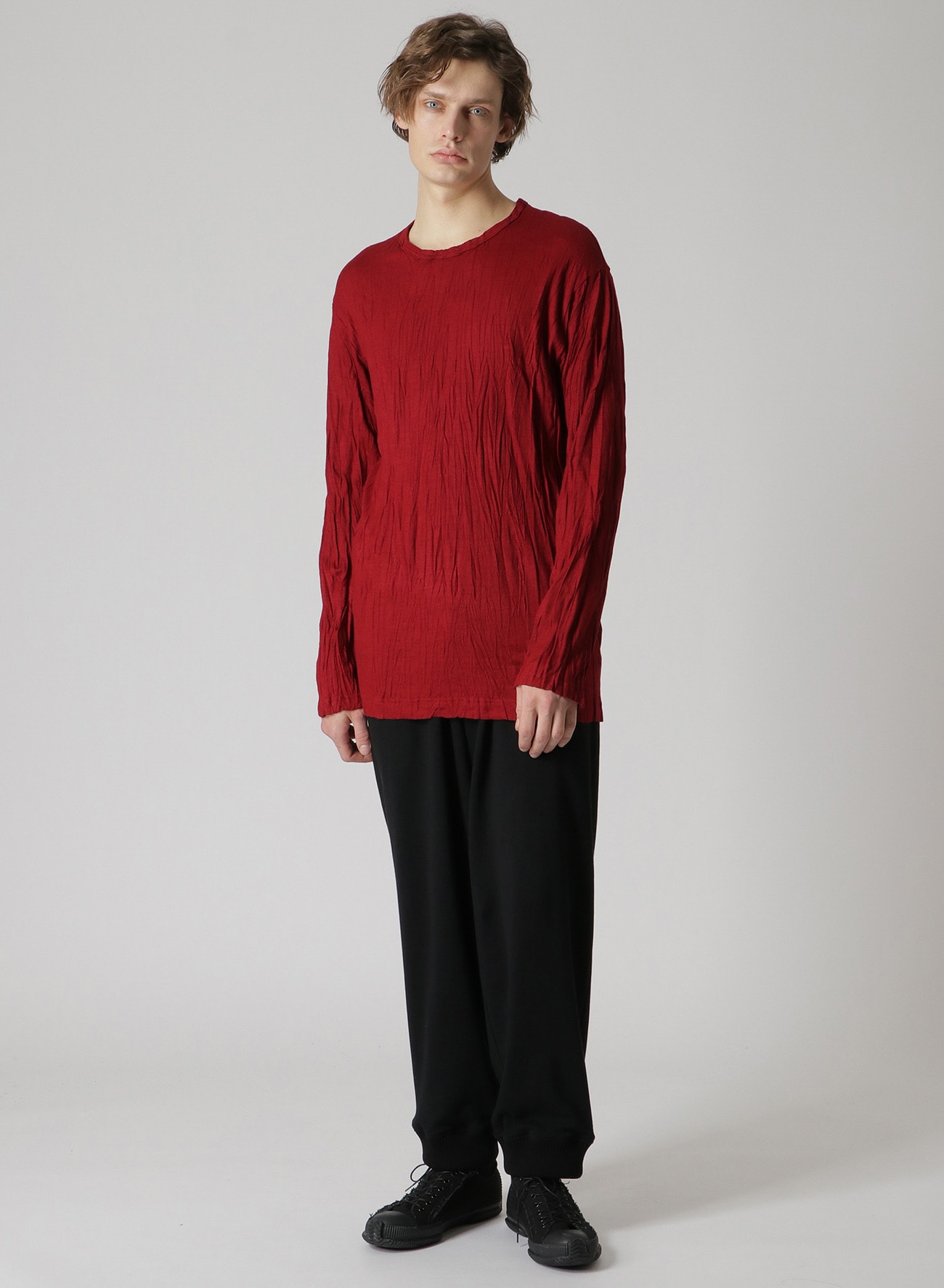 WRINKLED WOOL ROUND NECK T-SHIRT(FREE SIZE Bordeaux): Yohji