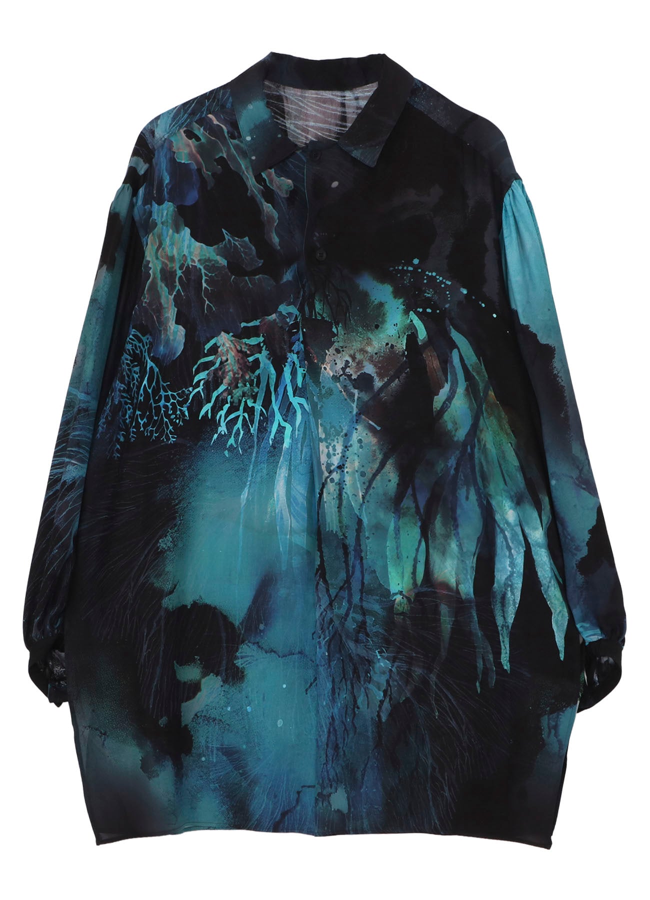 SEA MOTIF PRINTED GATHER OPEN COLLAR BLOUSE