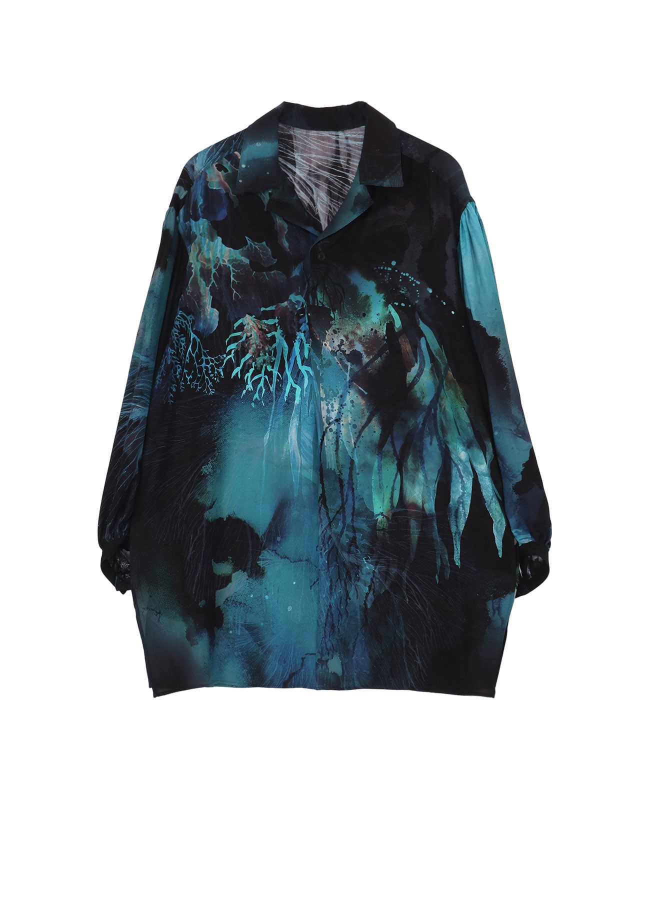 SEA MOTIF PRINTED GATHER OPEN COLLAR BLOUSE