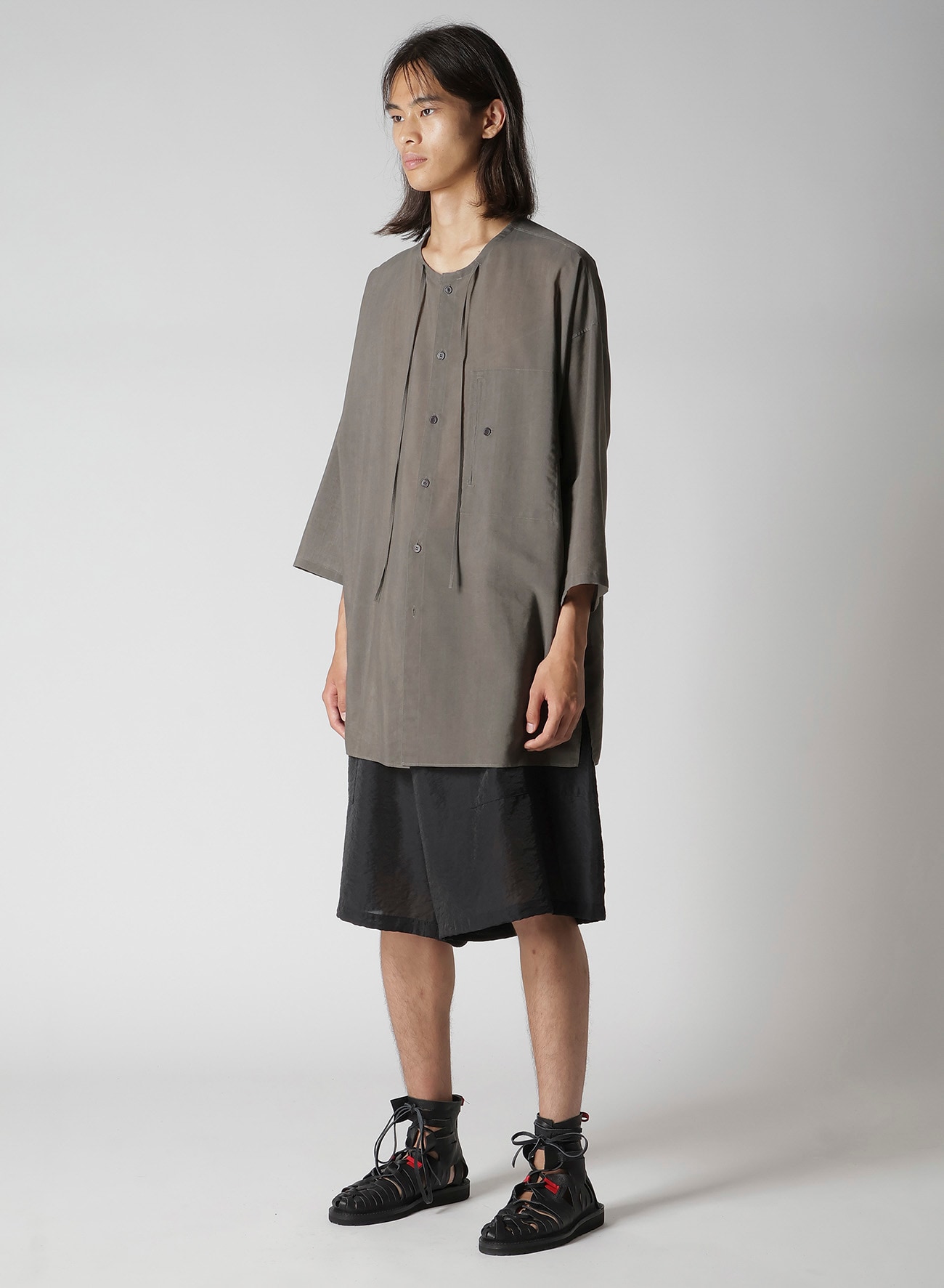 COTTON LAWN INK DYED GUESSETED STRING COLLAR BLOUSE