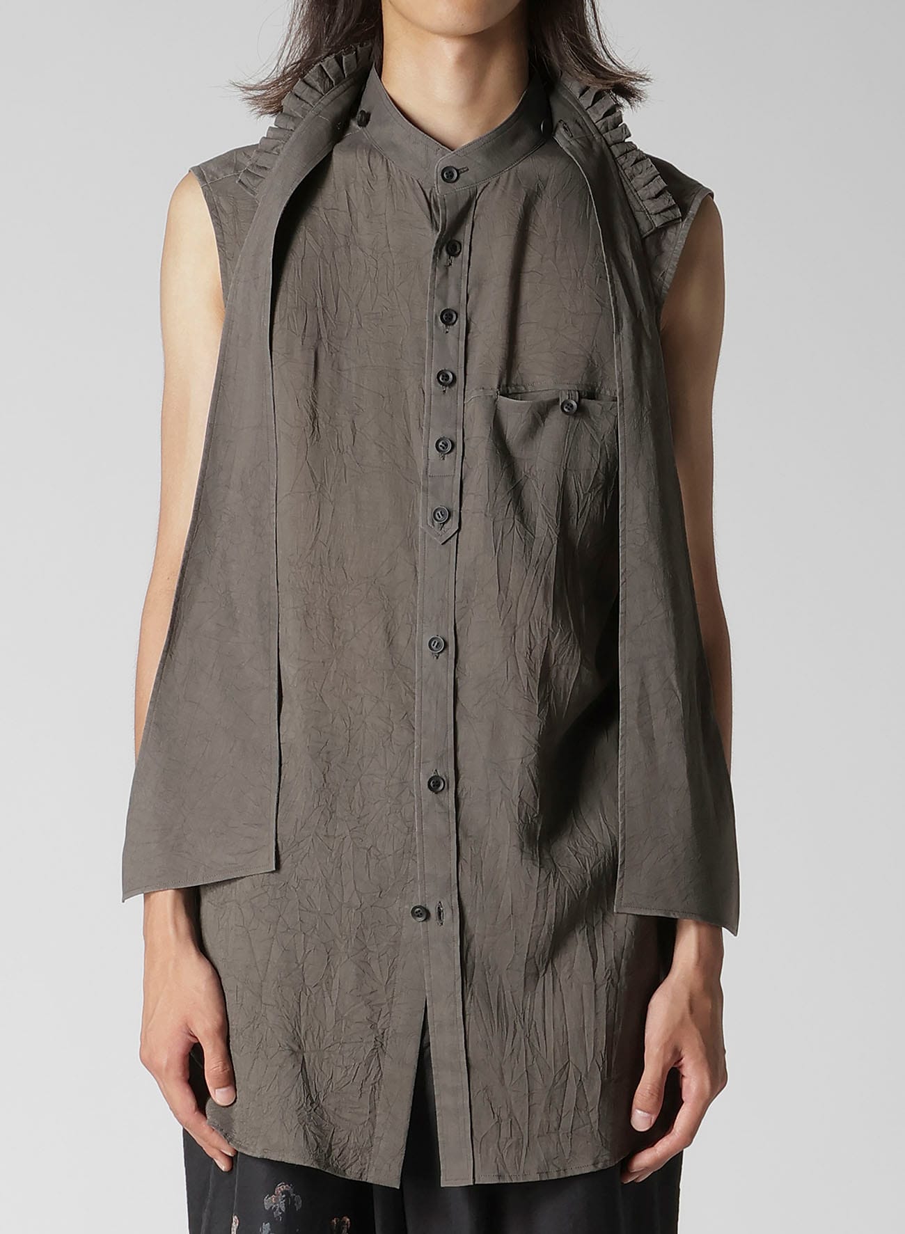 CELLULOSE LAWN INK DYED RUFFED SPARE COLLAR BLOUSE