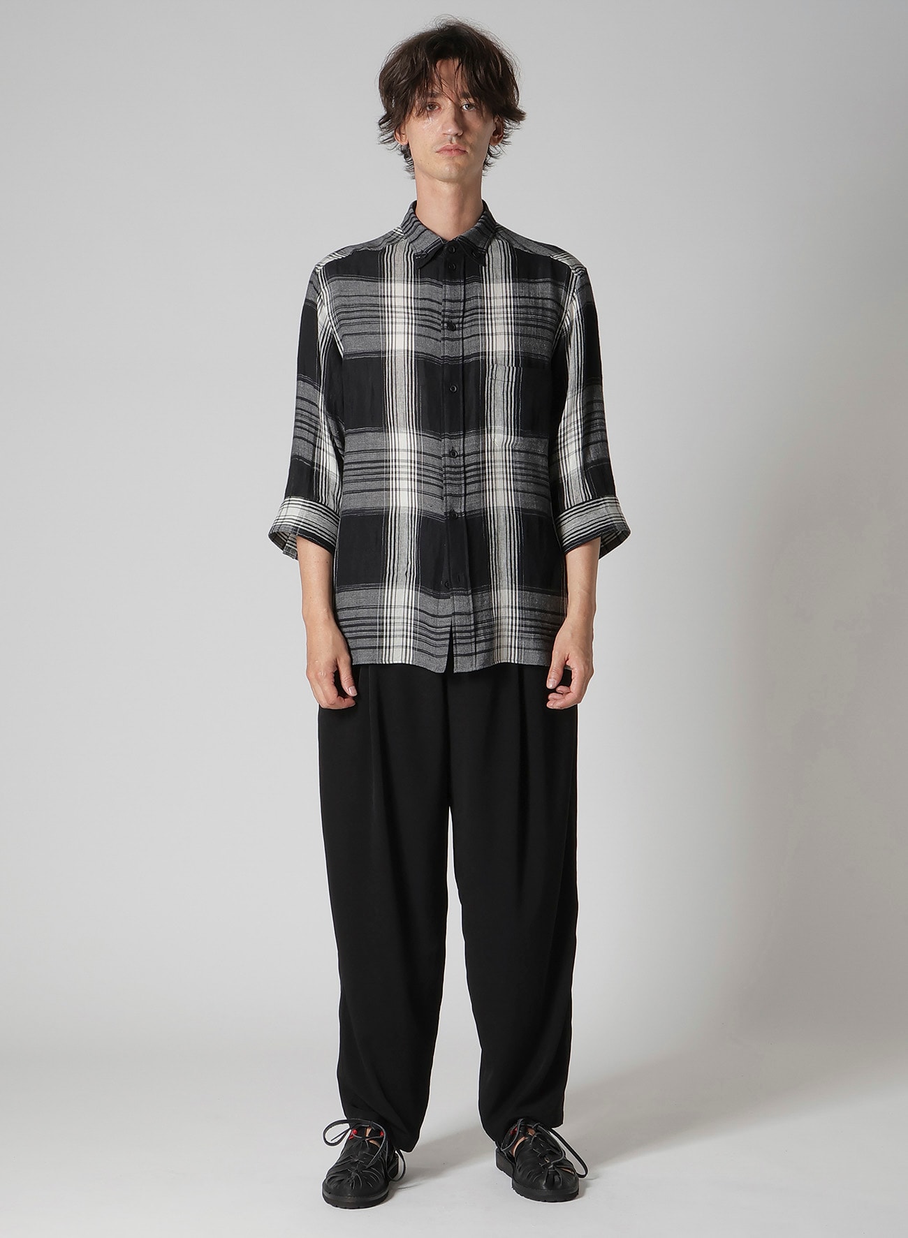 C/ HEMP PLAID BOTTUN DOWN SHORT SLEEVE BLOUSE