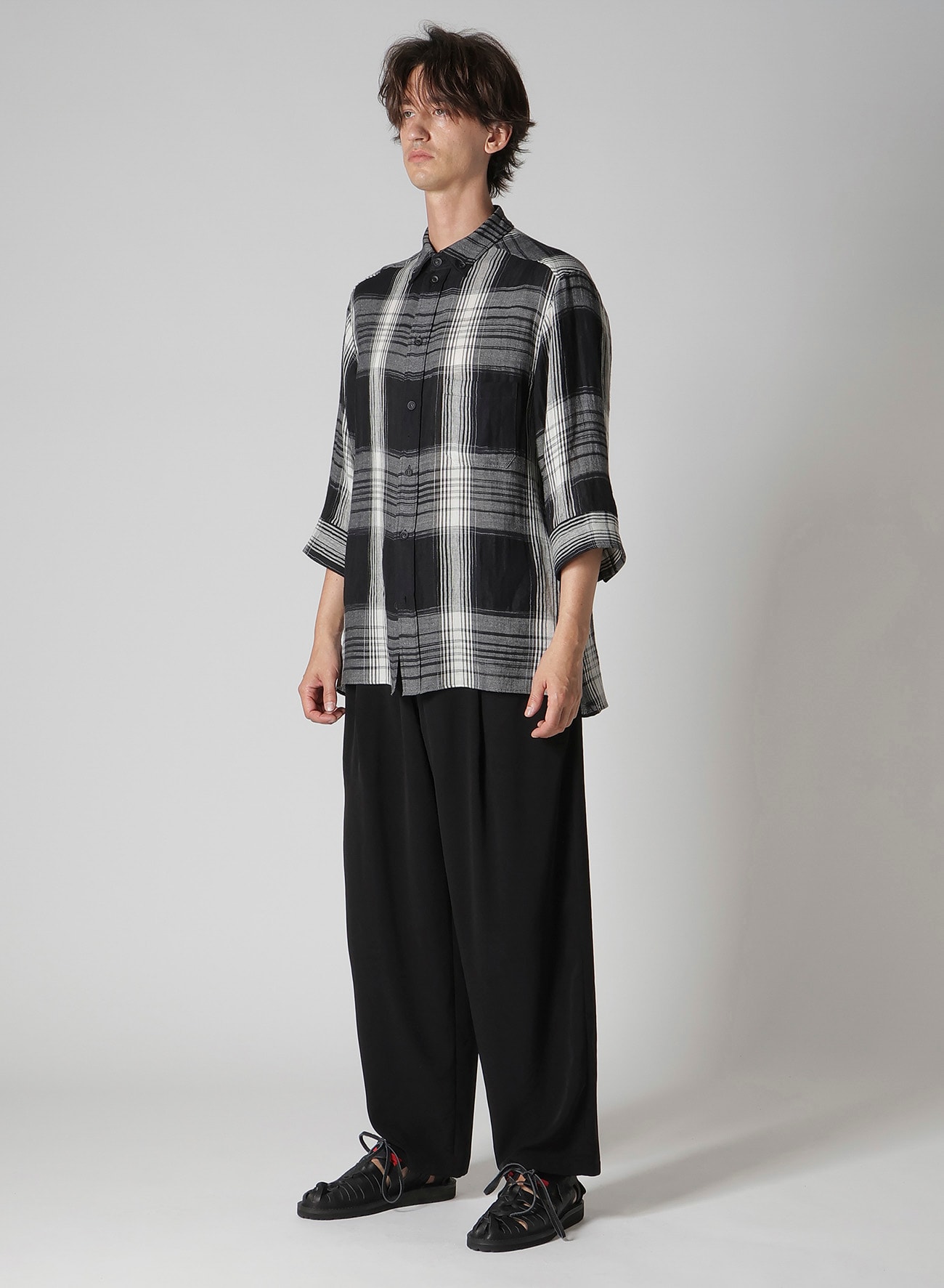 C/ HEMP PLAID BOTTUN DOWN SHORT SLEEVE BLOUSE