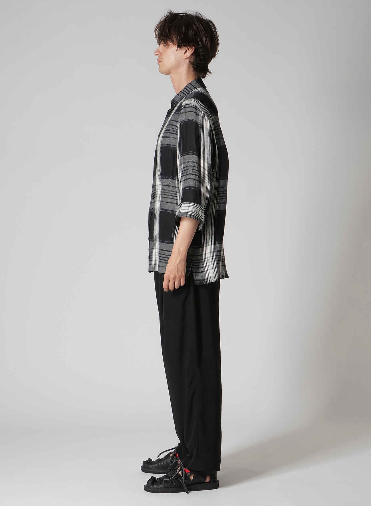 C/ HEMP PLAID BOTTUN DOWN SHORT SLEEVE BLOUSE