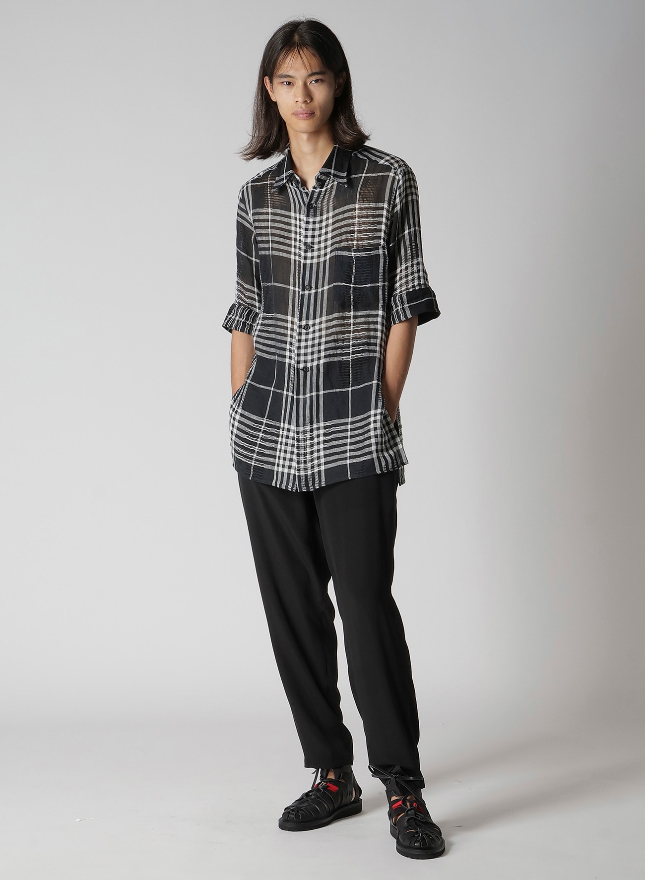 L/JQ PLAID CH CUFFS ATTACHED SHORT SLEEVE BLOUSE