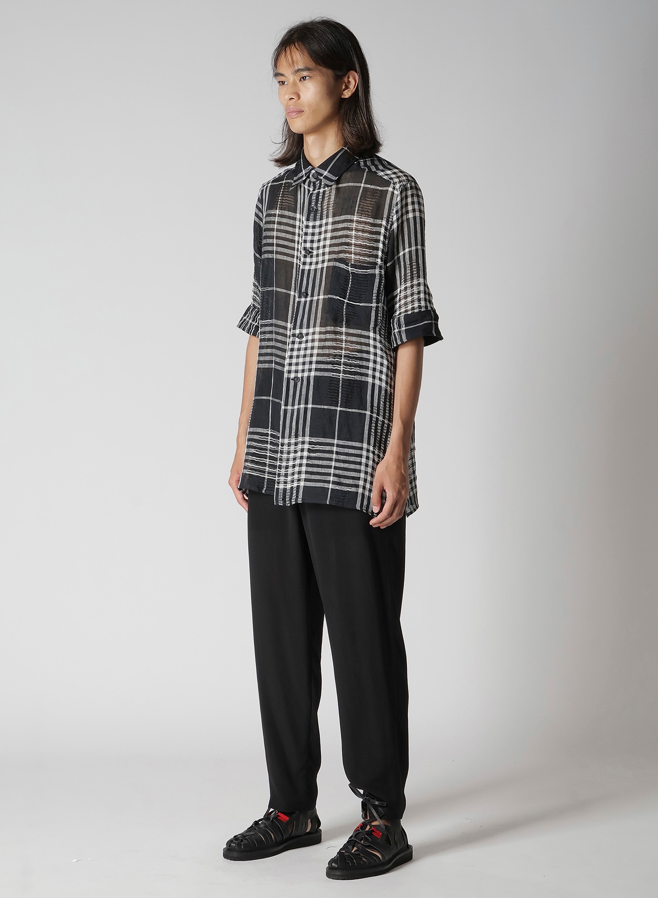 L/JQ PLAID CH CUFFS ATTACHED SHORT SLEEVE BLOUSE