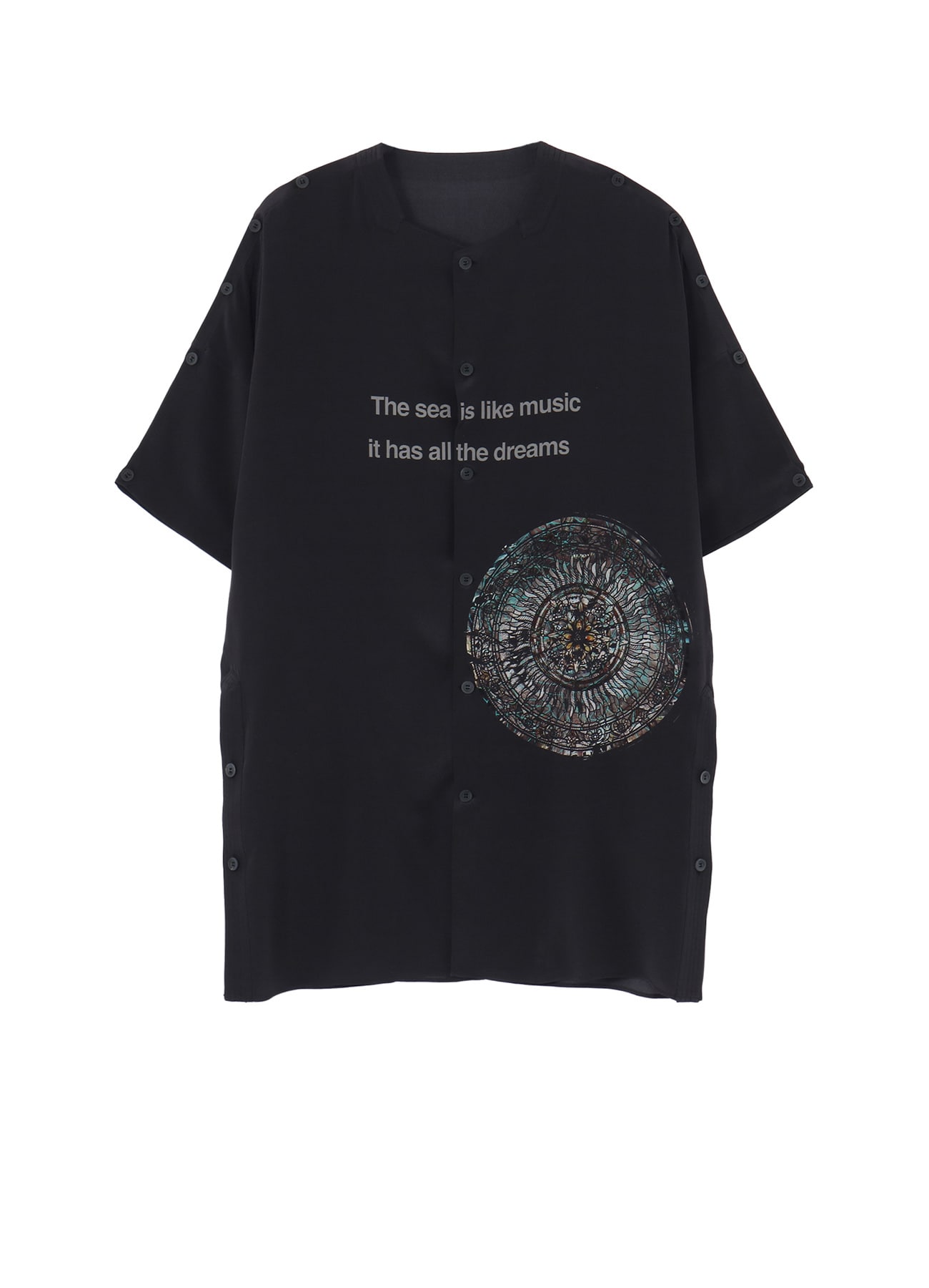 GREY/LINING COLLARLESS SHORT SLEEVE BLOUSE