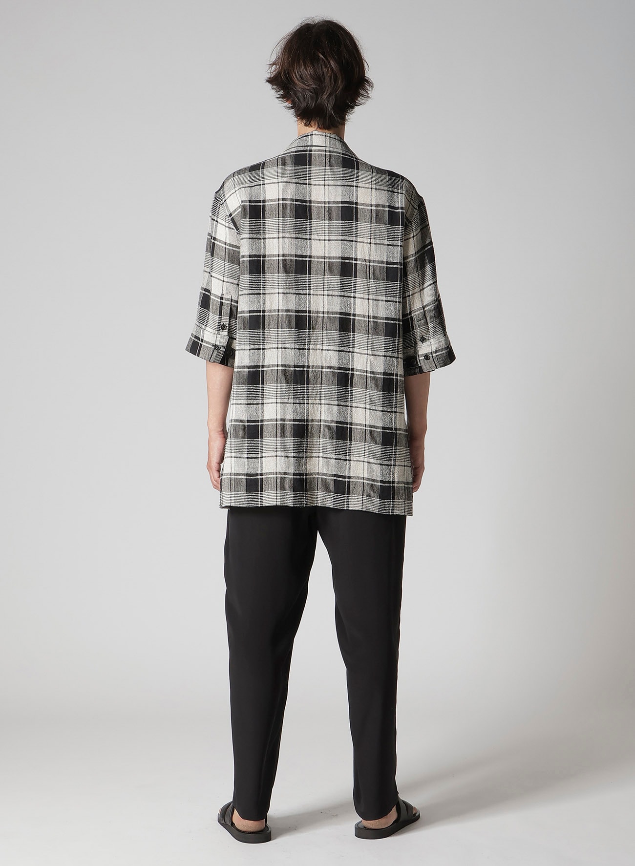 L/S PLAID PANELED SHORT SLEEVE BLOUSE