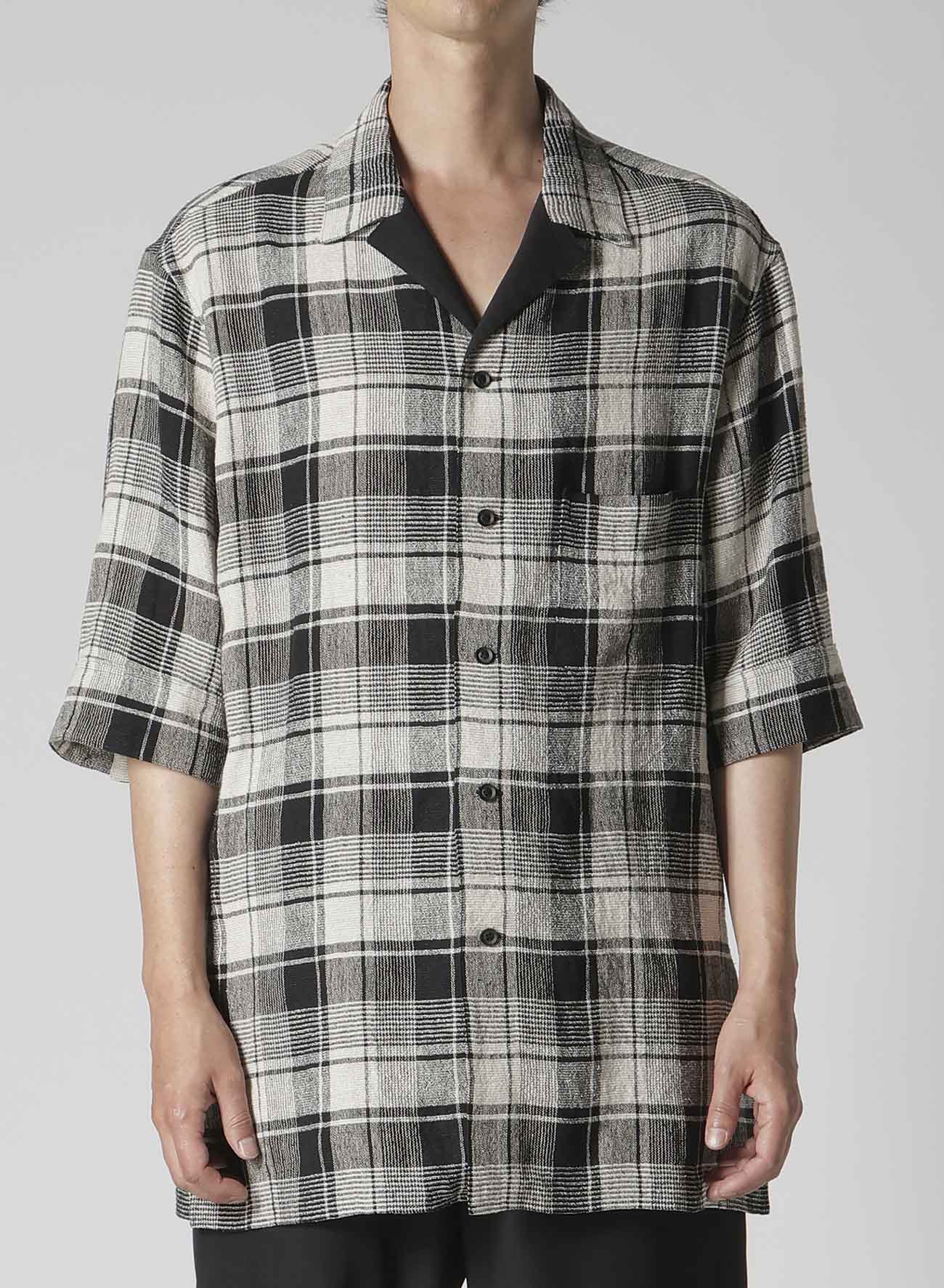 L/S PLAID PANELED SHORT SLEEVE BLOUSE