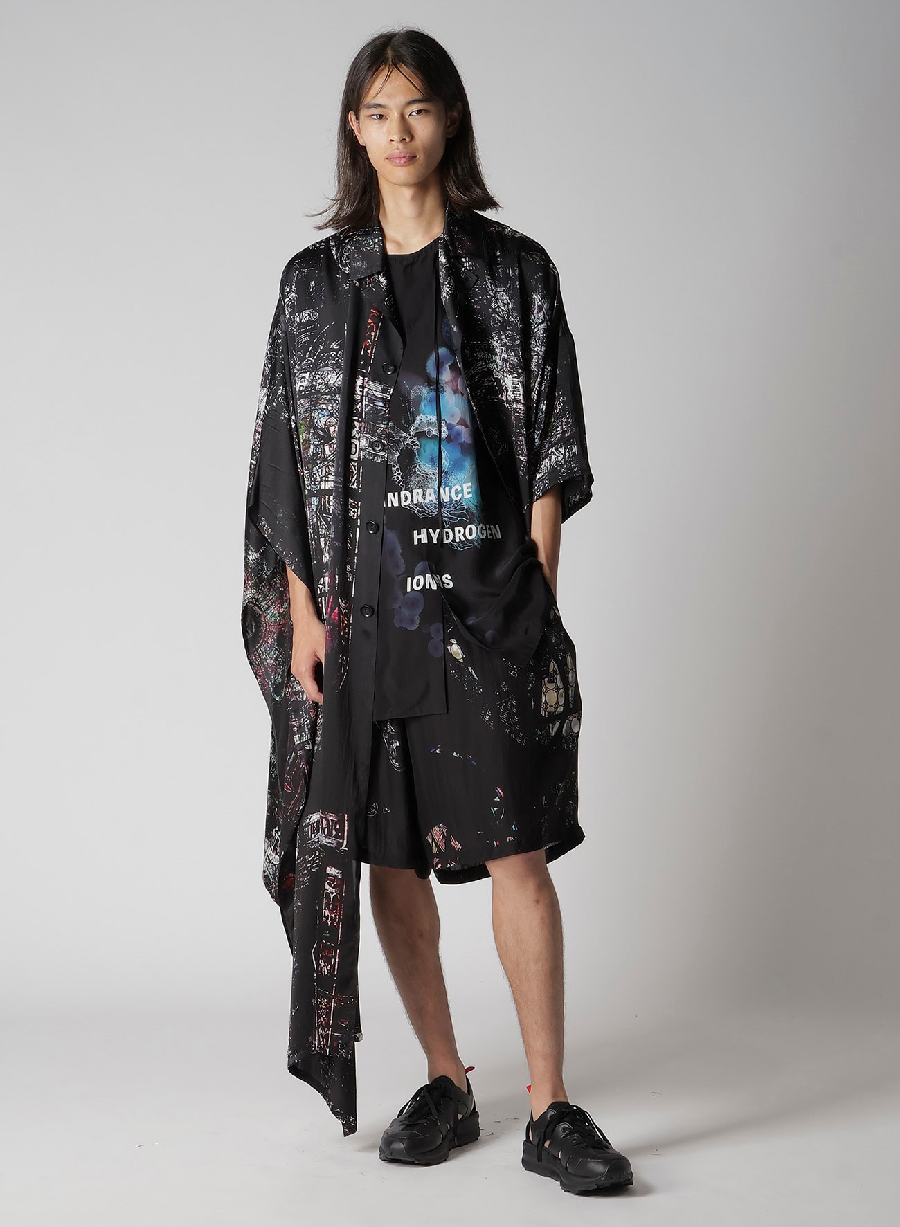 BLACK/LINING PRINTED LONG CAPE JACKET