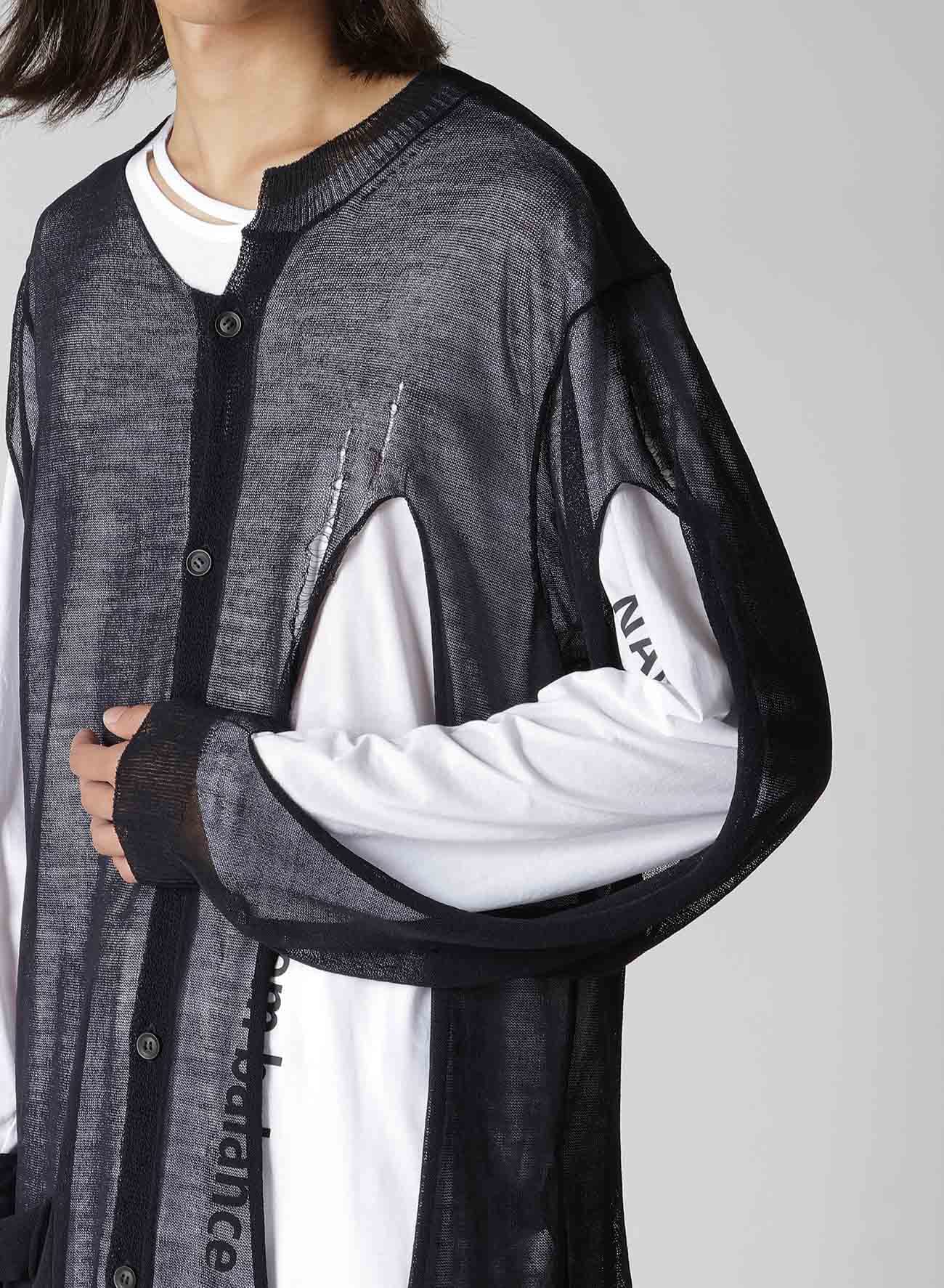 OPENWORK+HOLE DAMAGED ROUND NECK CARDIGAN