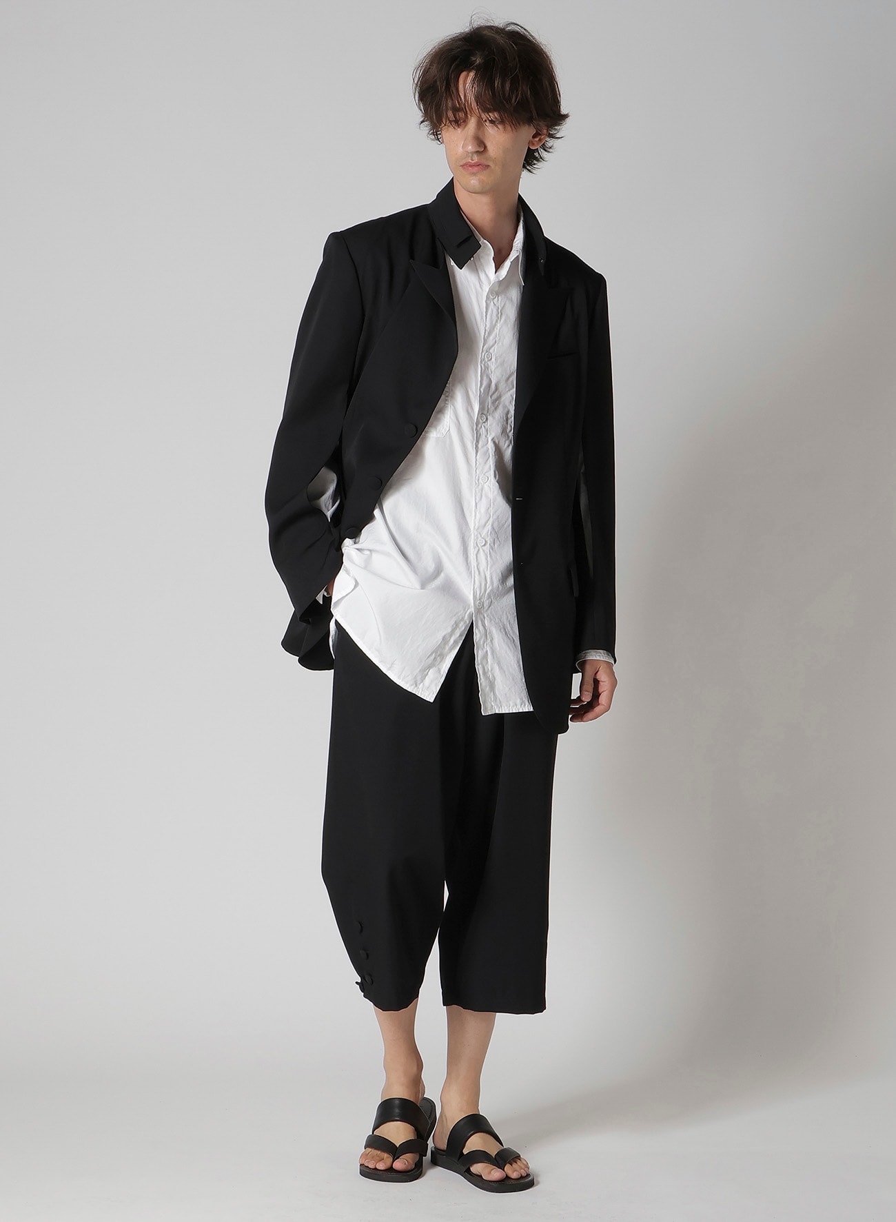 WOOL GABARDINE HEM OPENED SUSPENDER PANTS