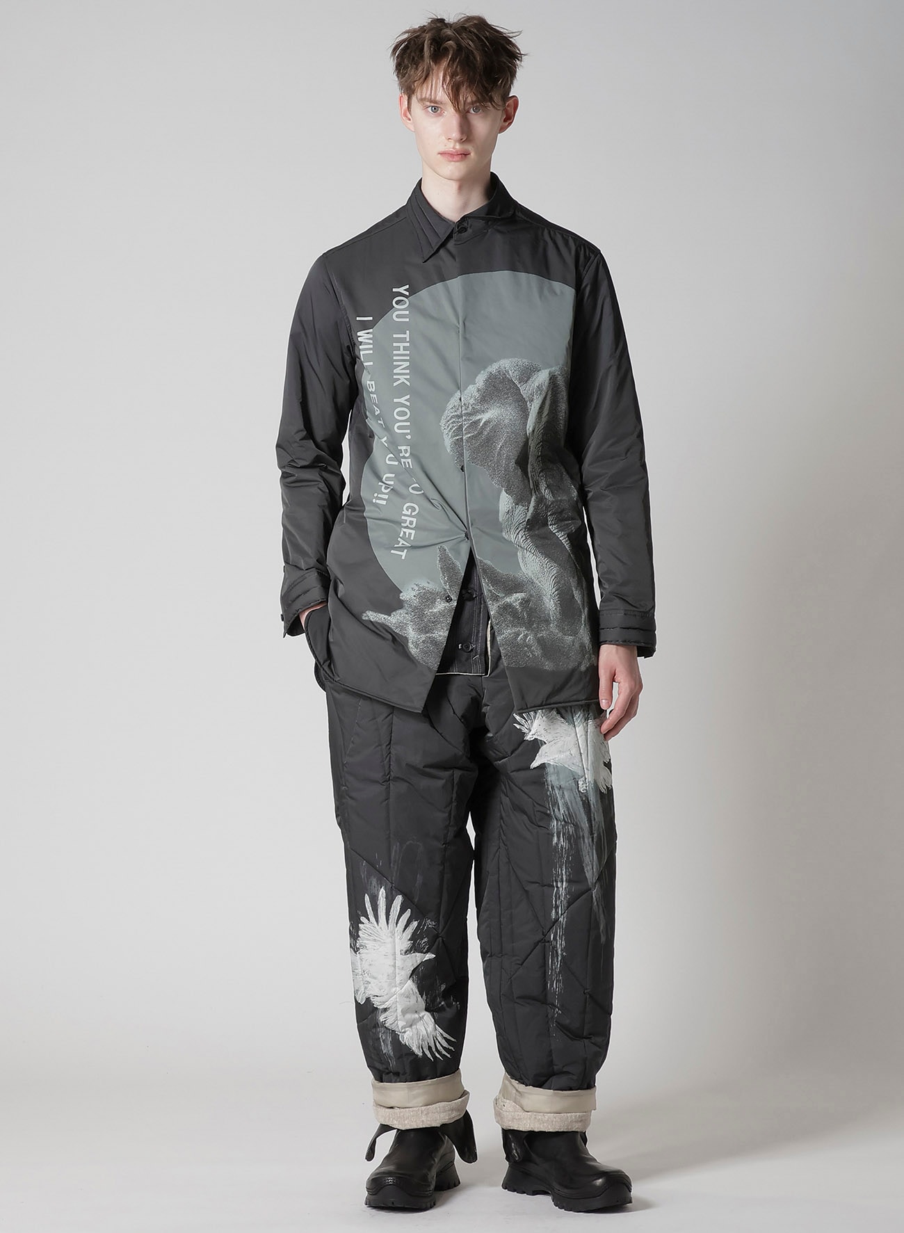 ELEPHANT MESSAGE PRINTED PADDED COLLAR BLOUSE