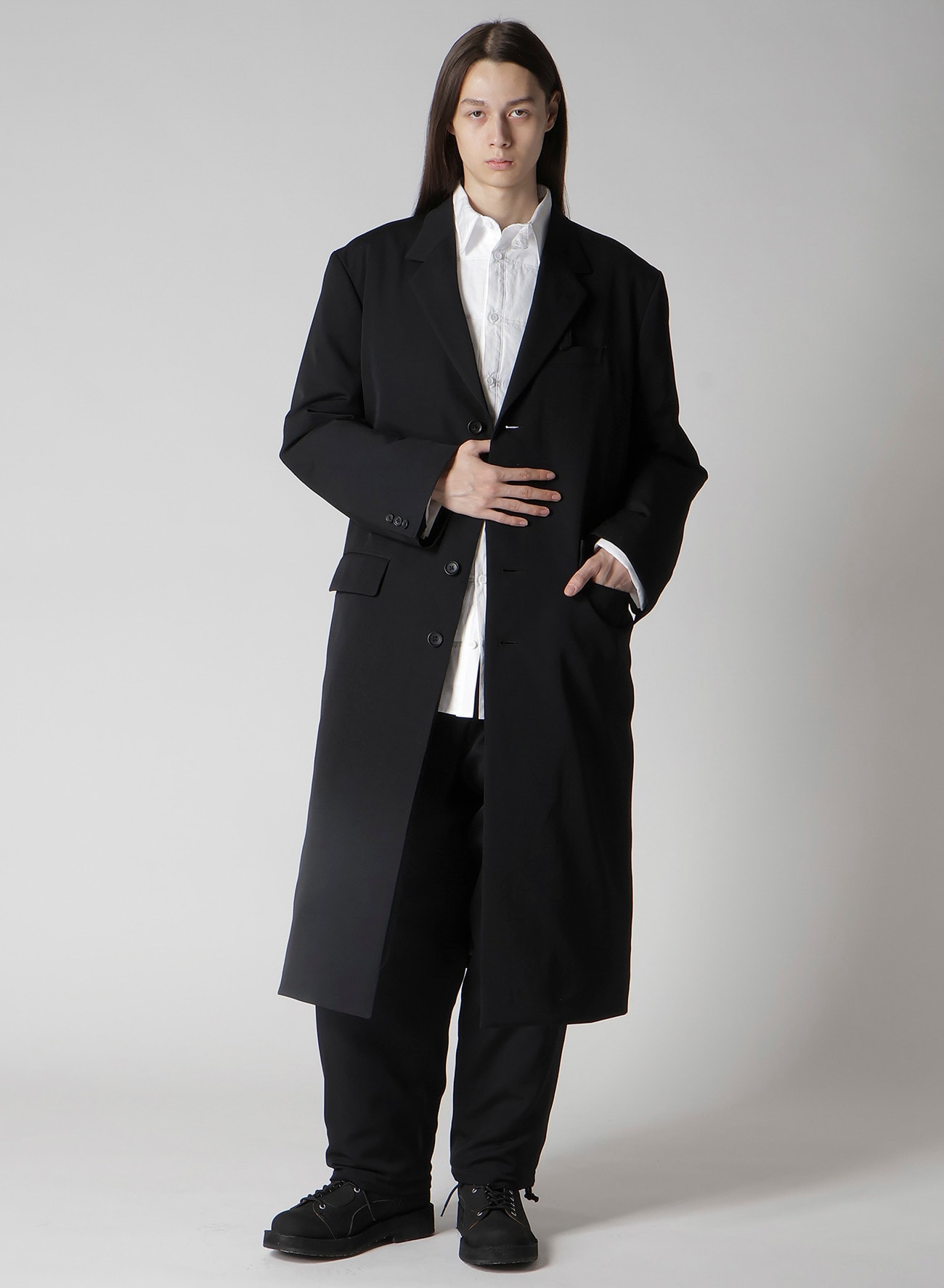 WOOL GABARDINE 4 BUTTONS LONG JACKET WITH LINER
