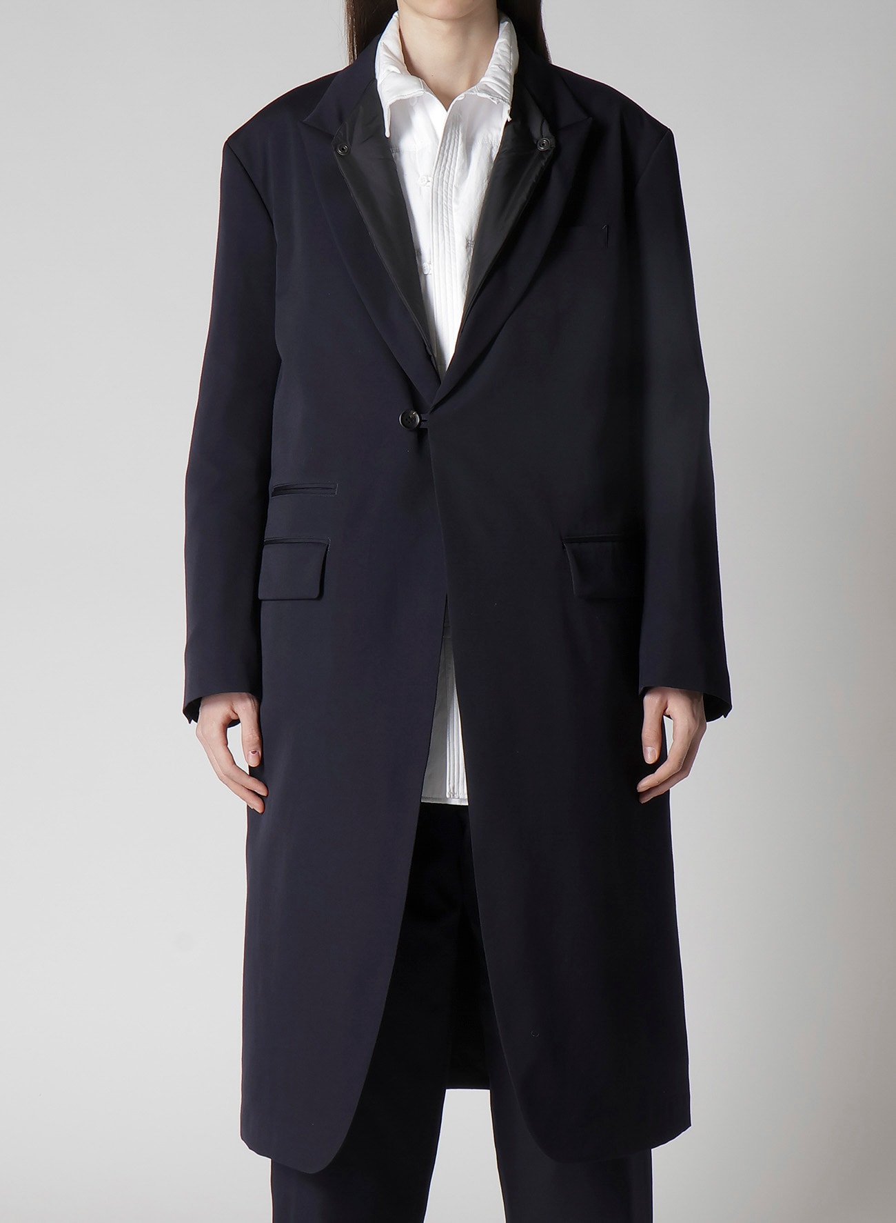 NAVY WOOL GABARDINE ONE BUTTON JACKET WITH LINER