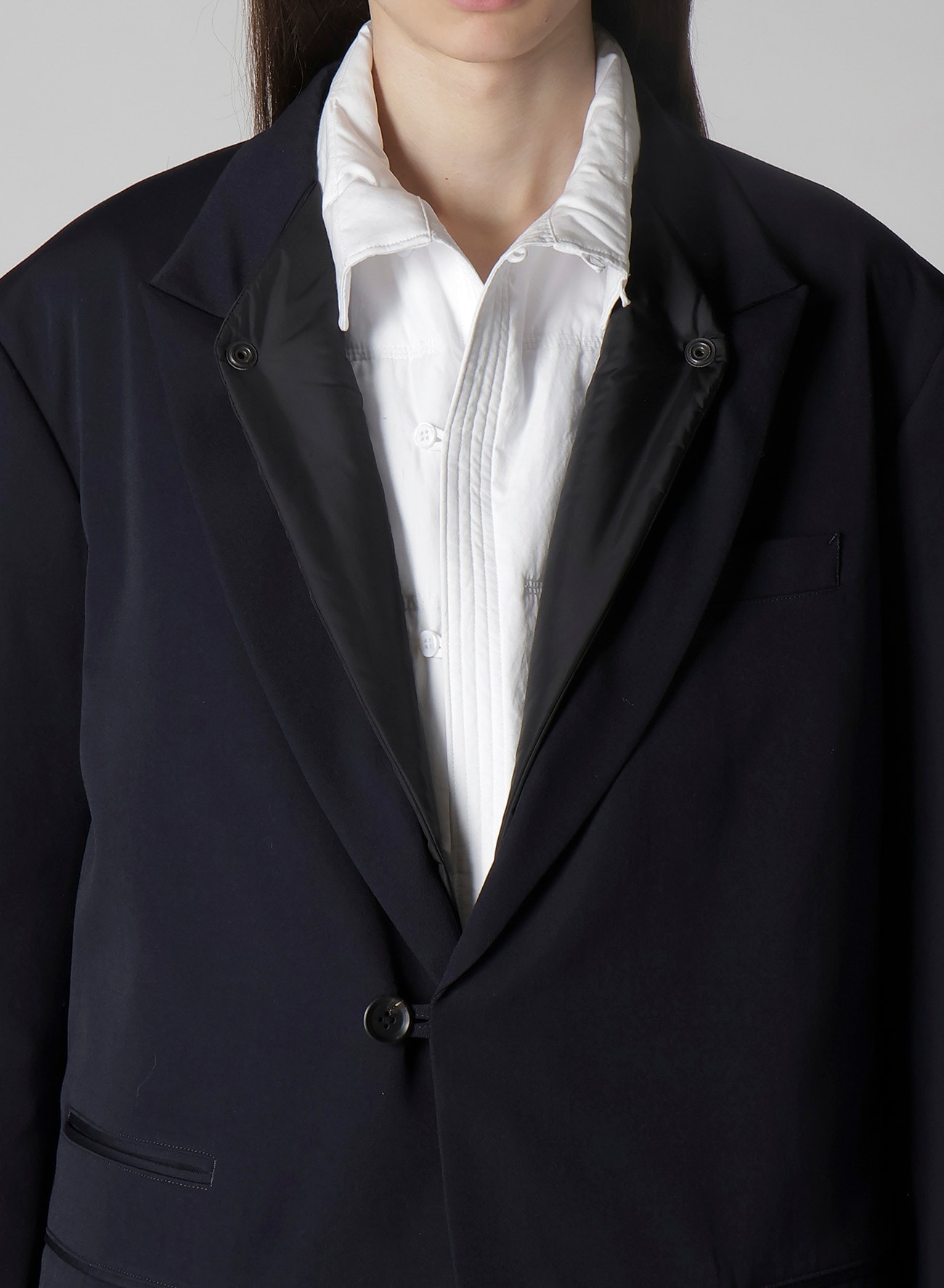 NAVY WOOL GABARDINE ONE BUTTON JACKET WITH LINER