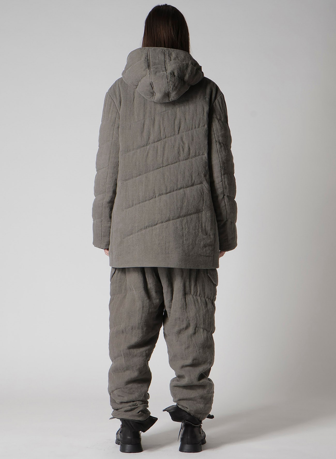 SILK LINEN DIAGONAL PADDED HOODED JACKET