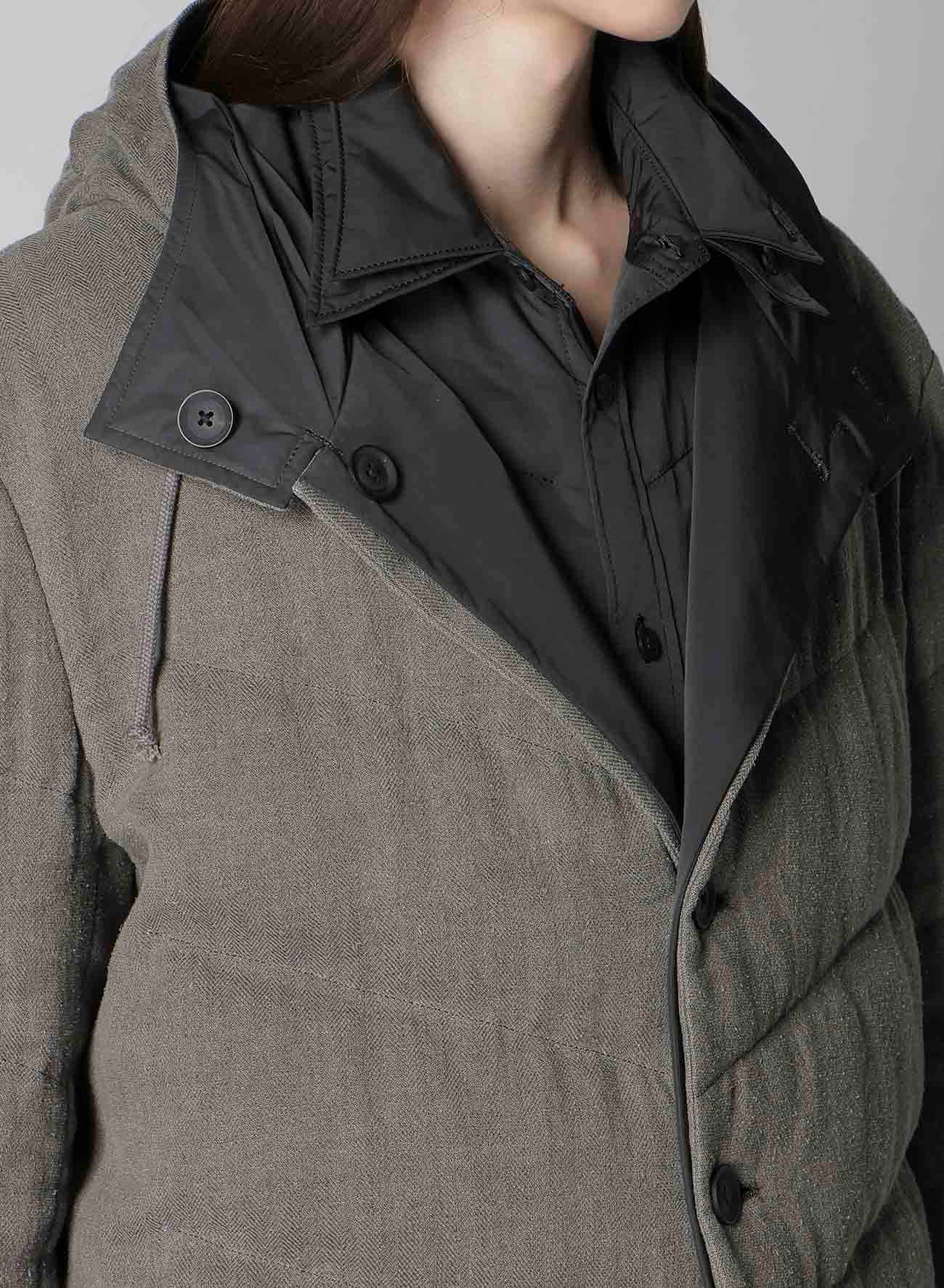SILK LINEN DIAGONAL PADDED HOODED JACKET