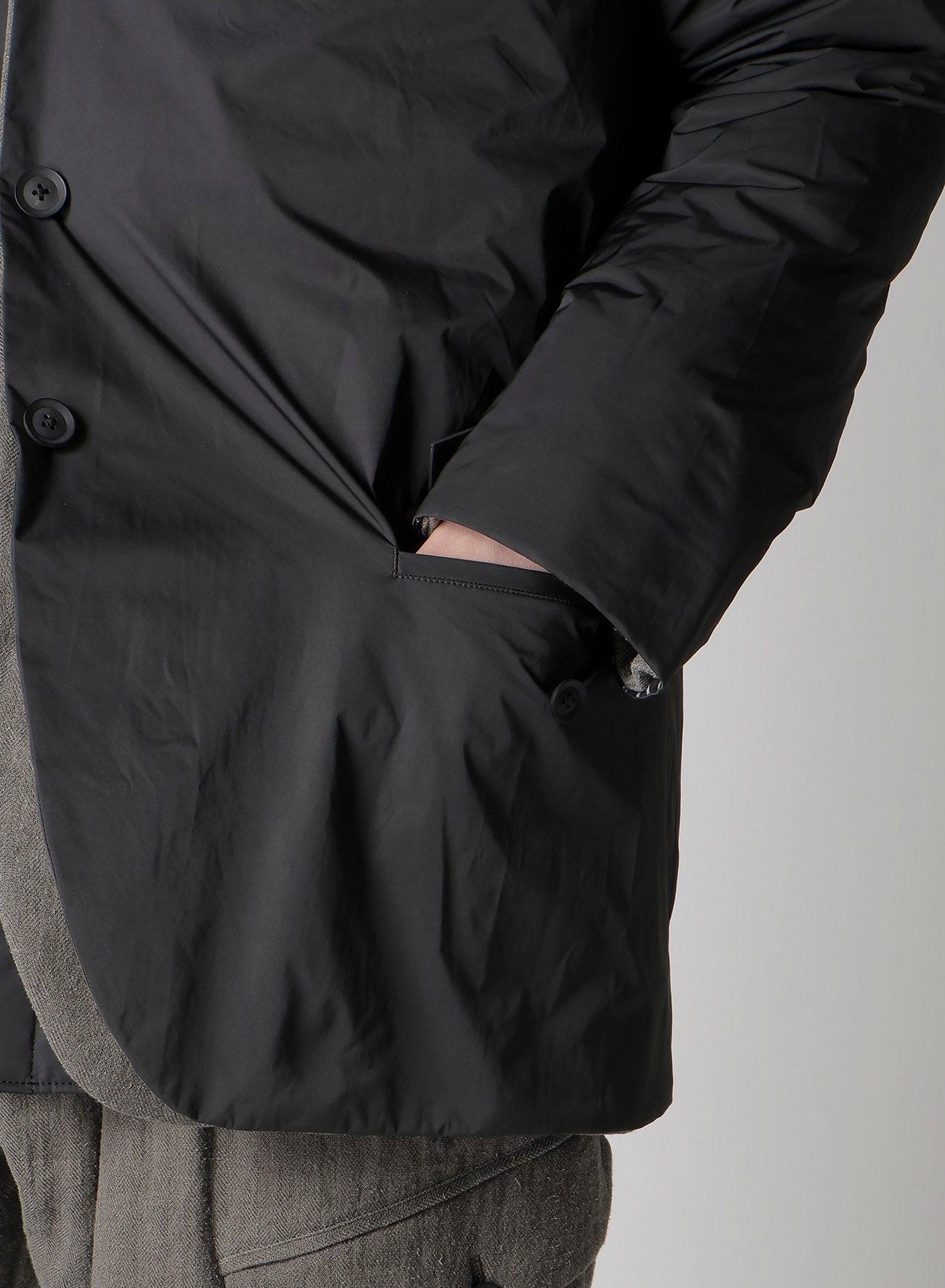 SILK LINEN DIAGONAL PADDED HOODED JACKET