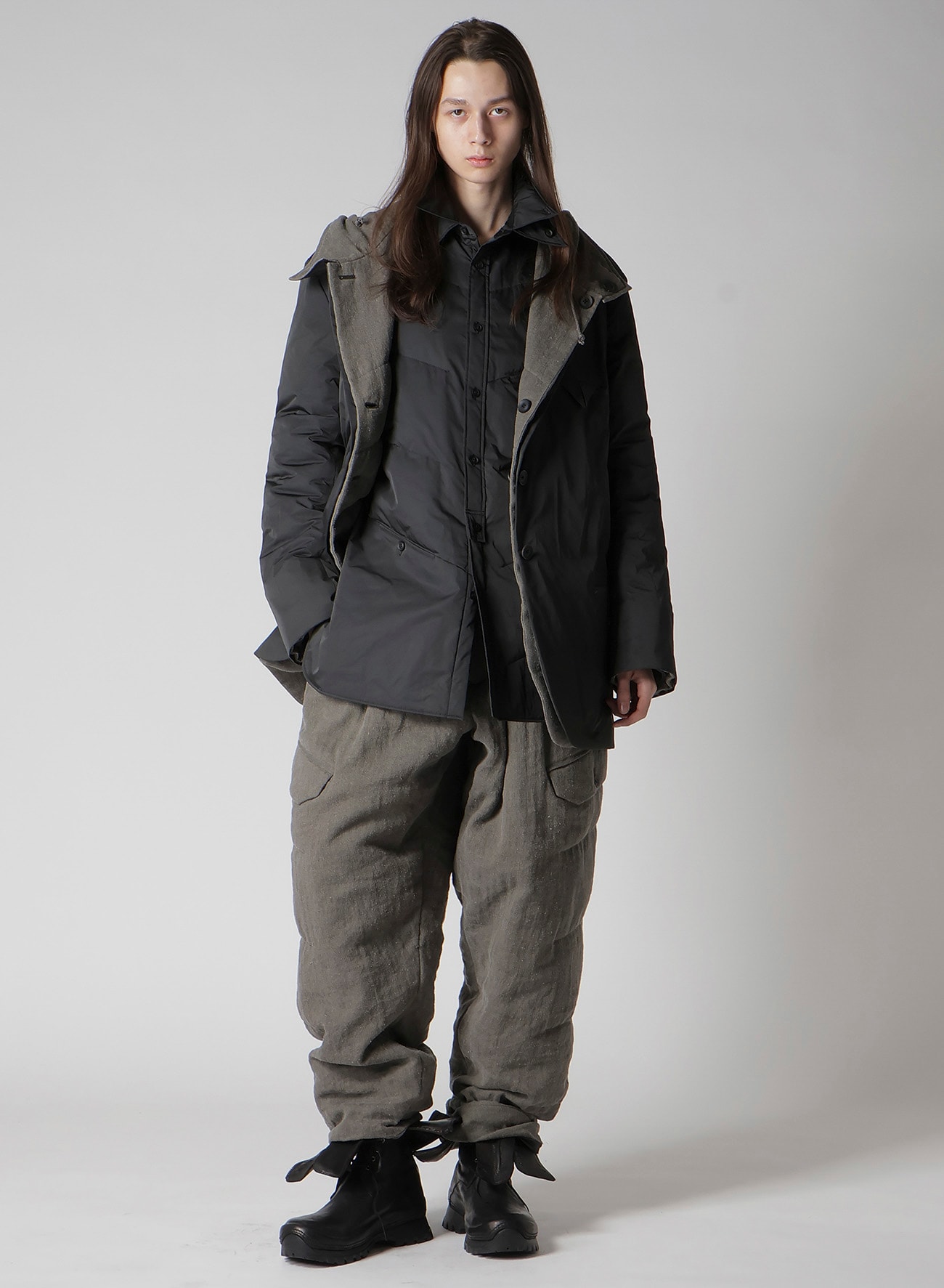 SILK LINEN DIAGONAL PADDED HOODED JACKET