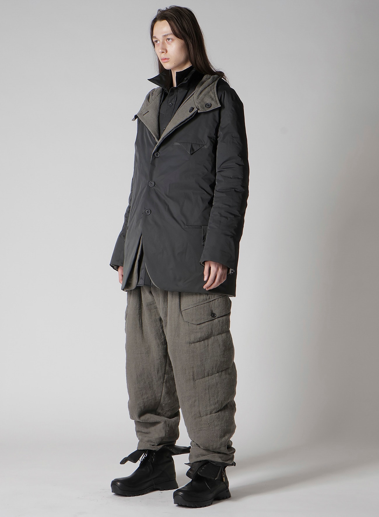 SILK LINEN DIAGONAL PADDED HOODED JACKET