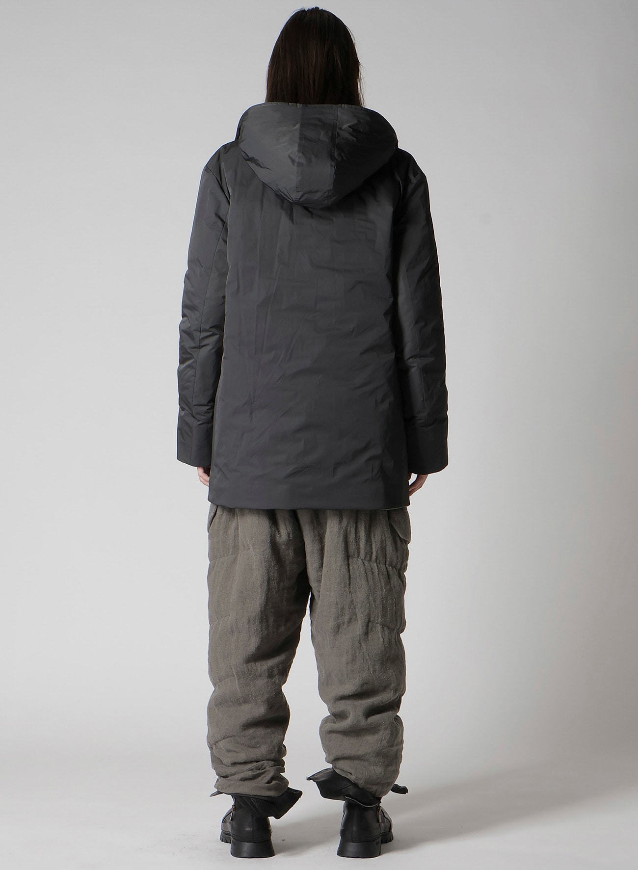 SILK LINEN DIAGONAL PADDED HOODED JACKET