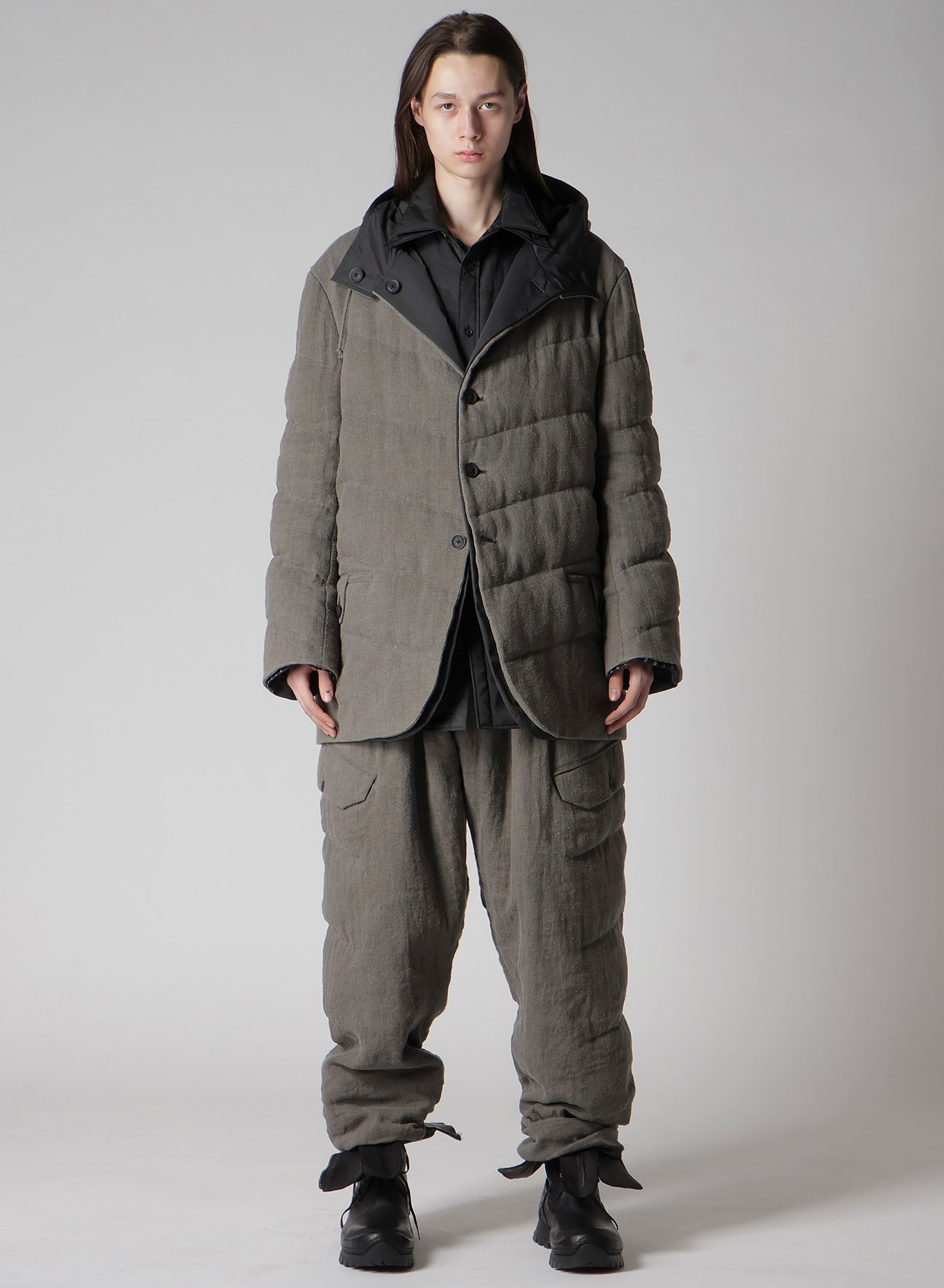 SILK LINEN DIAGONAL PADDED HOODED JACKET