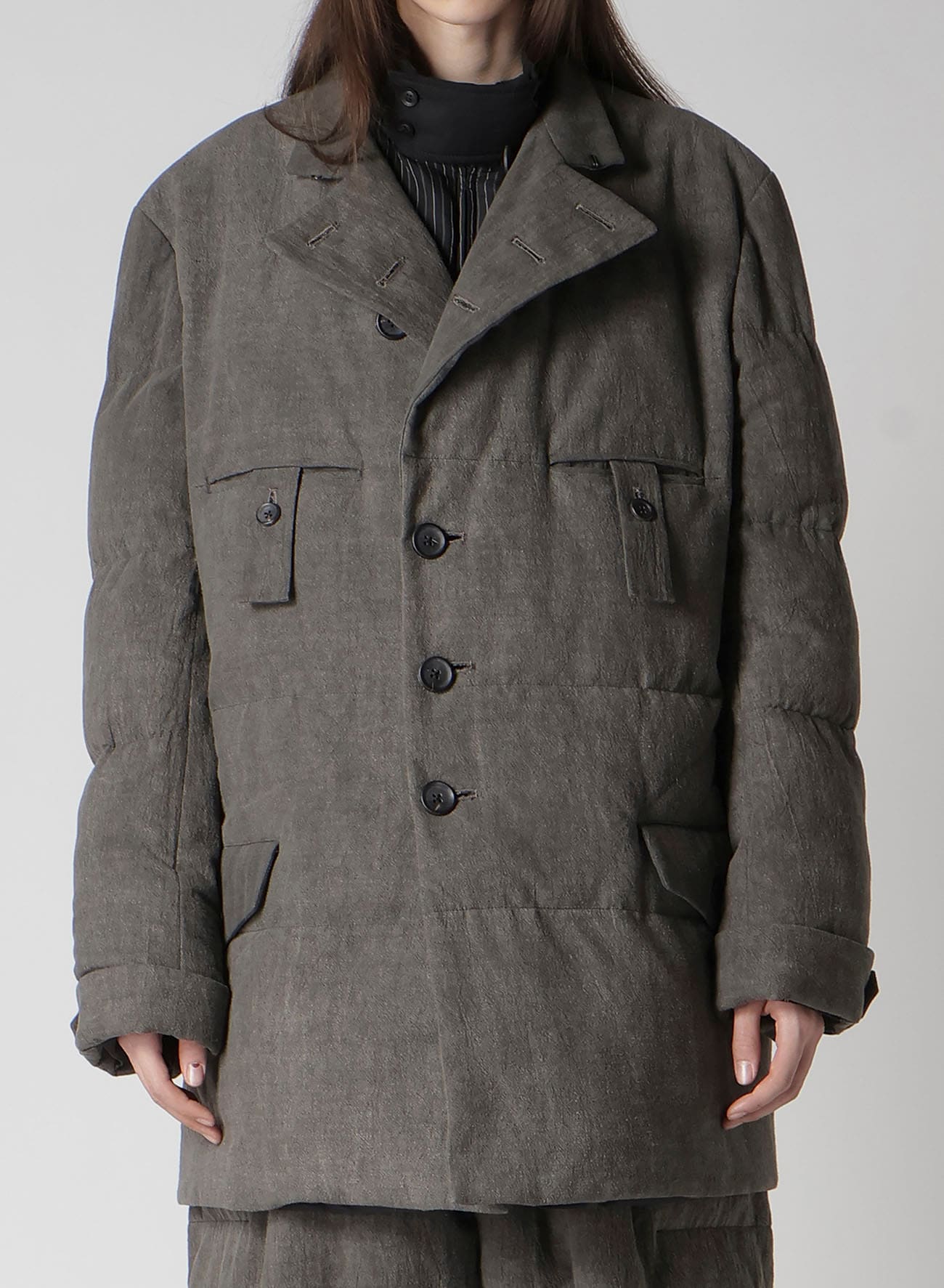 COTTON LINEN INKED HORIZONTAL PADDED LONG JACKET
