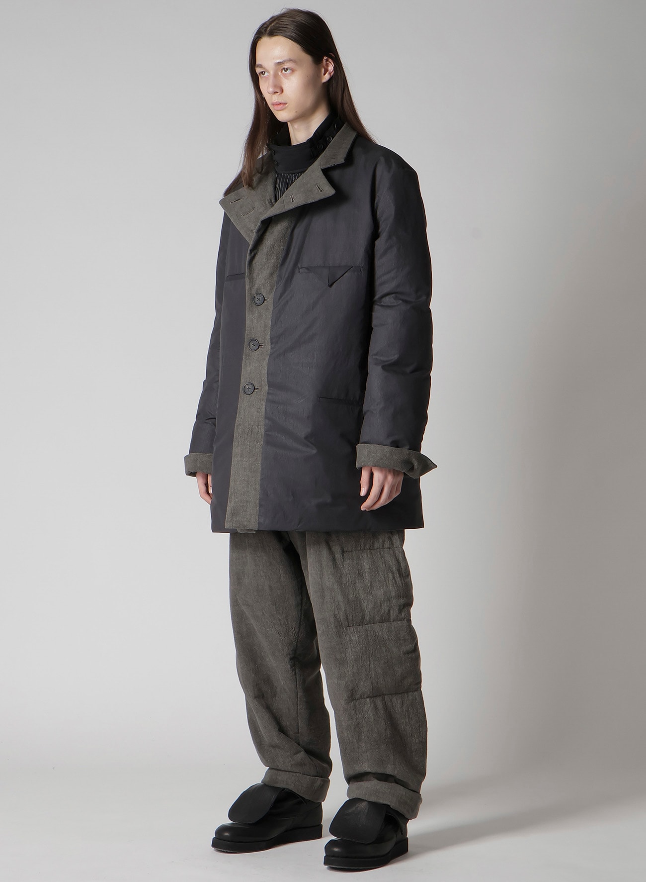 COTTON LINEN INKED HORIZONTAL PADDED LONG JACKET