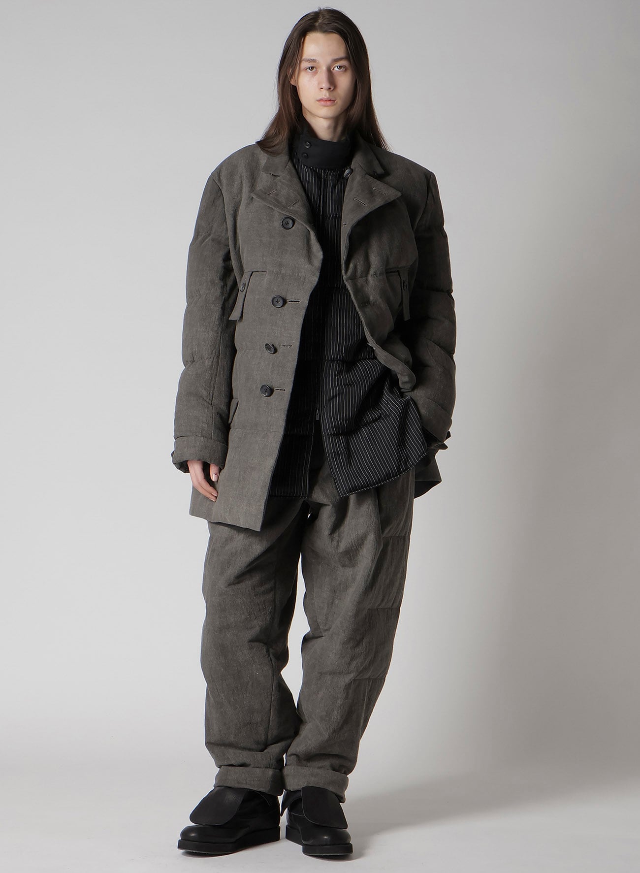 COTTON LINEN INKED HORIZONTAL PADDED LONG JACKET