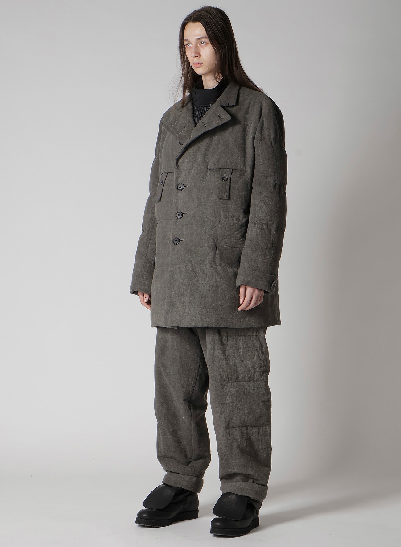 COTTON LINEN INKED HORIZONTAL PADDED LONG JACKET