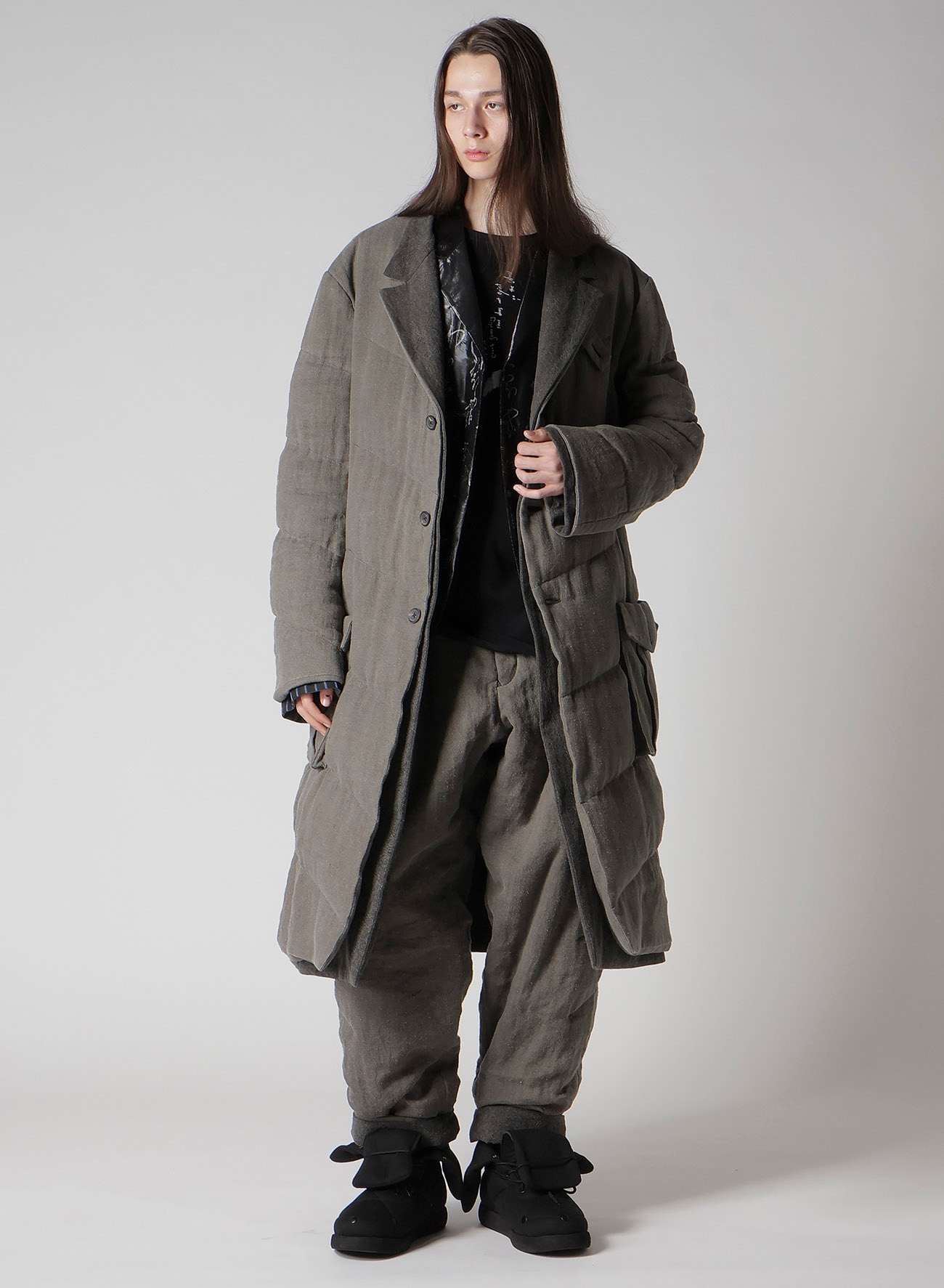 SILK LINEN 3BUTTONS DIAGONAL PADDED LONG JACKET
