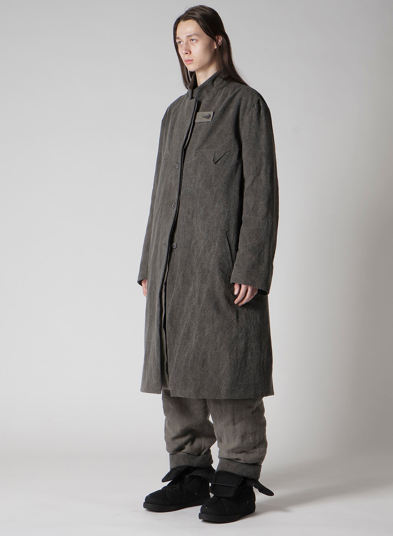 SILK LINEN 3BUTTONS DIAGONAL PADDED LONG JACKET