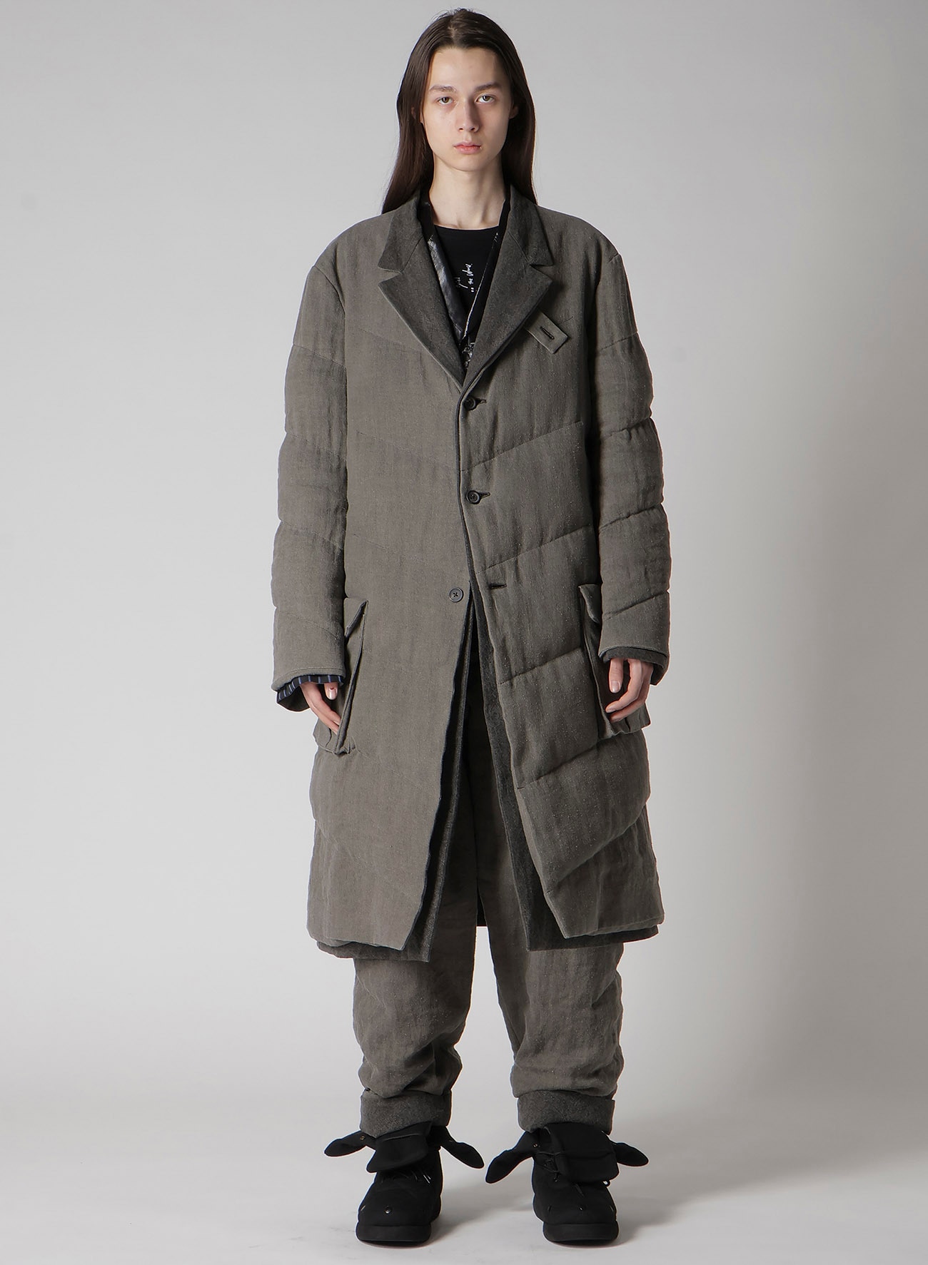 SILK LINEN 3BUTTONS DIAGONAL PADDED LONG JACKET