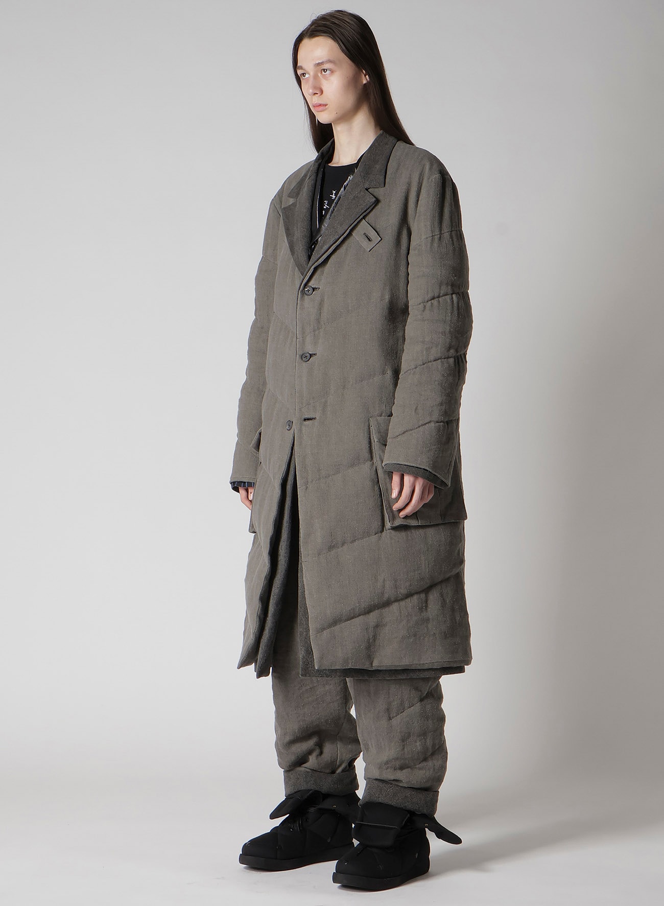 SILK LINEN 3BUTTONS DIAGONAL PADDED LONG JACKET