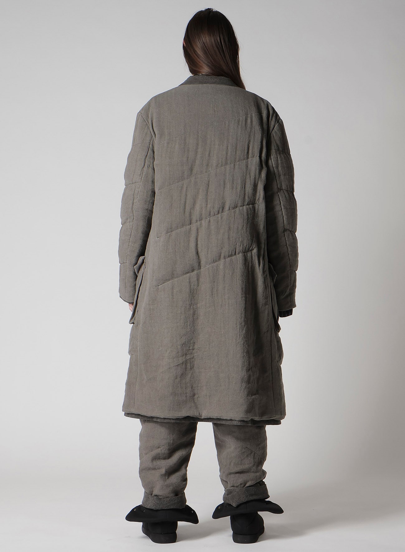 SILK LINEN 3BUTTONS DIAGONAL PADDED LONG JACKET