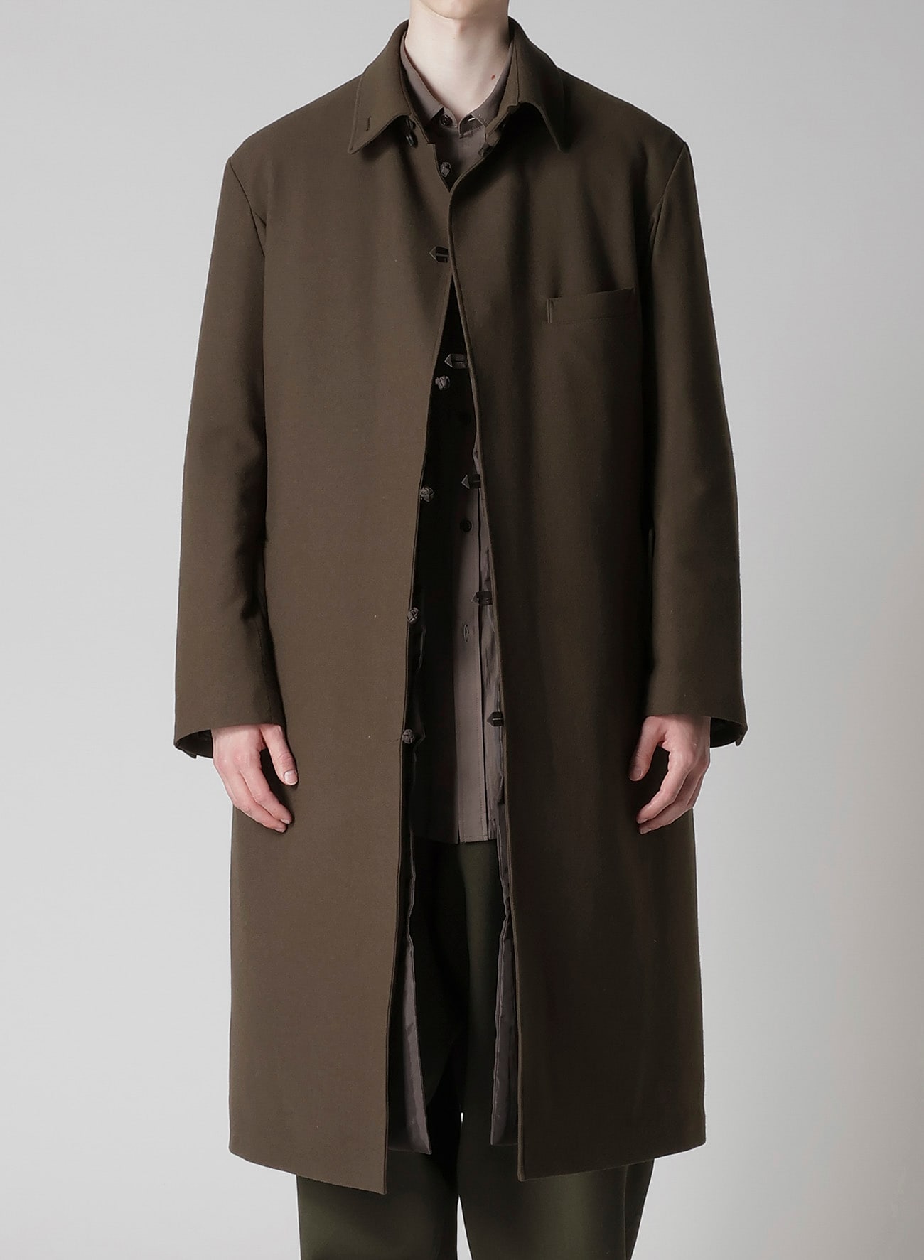 FLANNEL KHAKI BELTED LONG JACKET WITH LINER