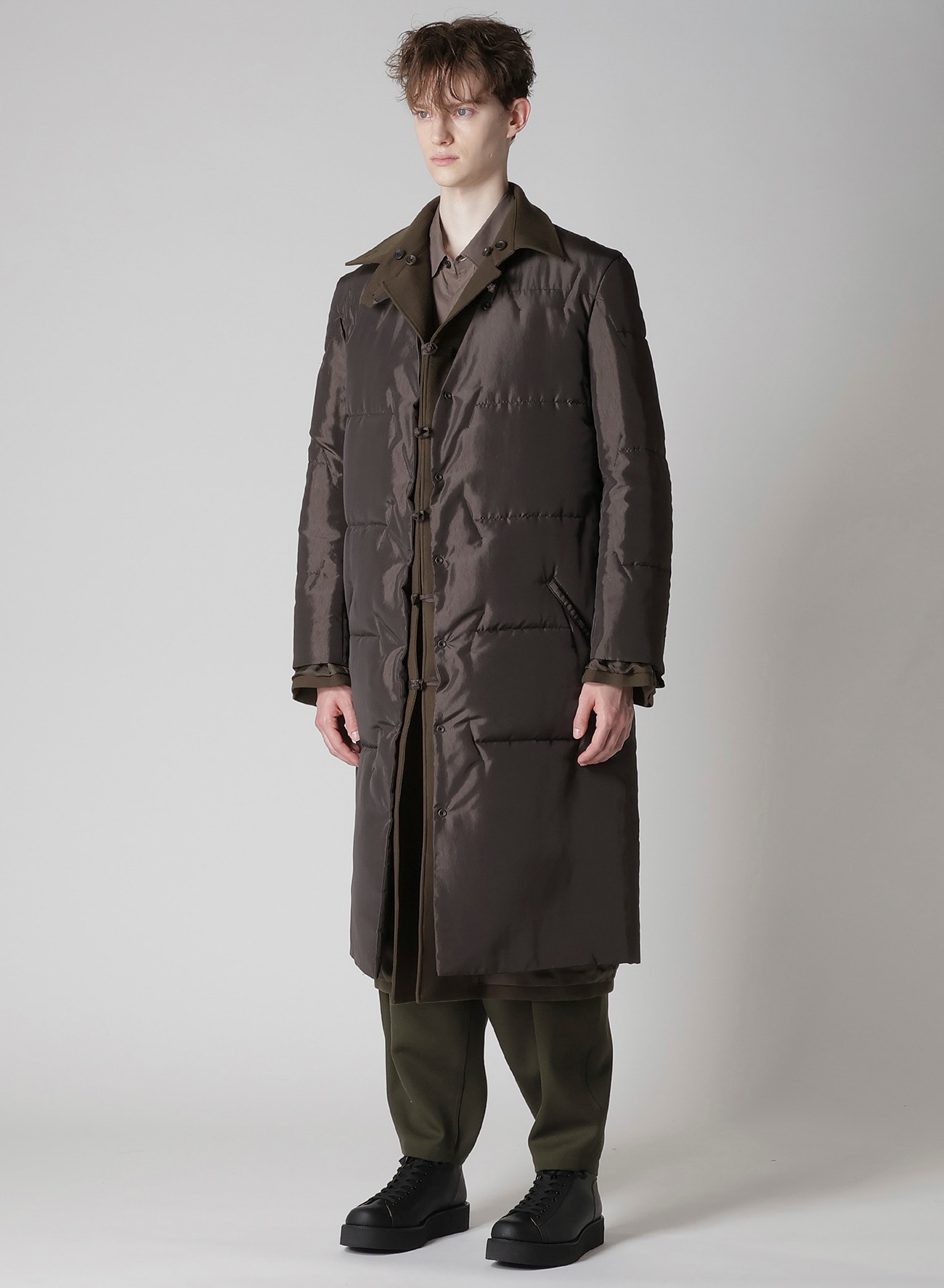 FLANNEL KHAKI BELTED LONG JACKET WITH LINER