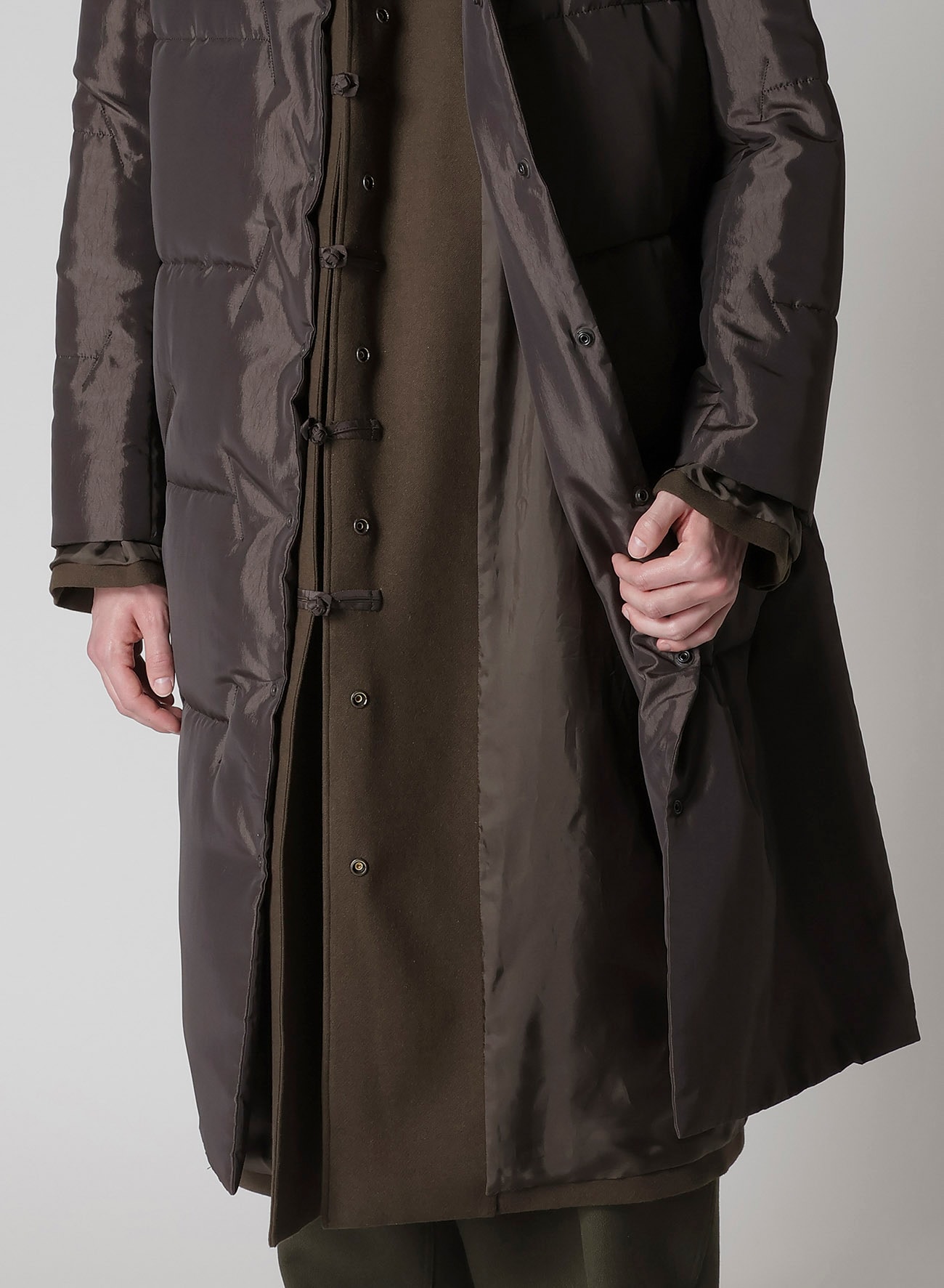 FLANNEL KHAKI BELTED LONG JACKET WITH LINER