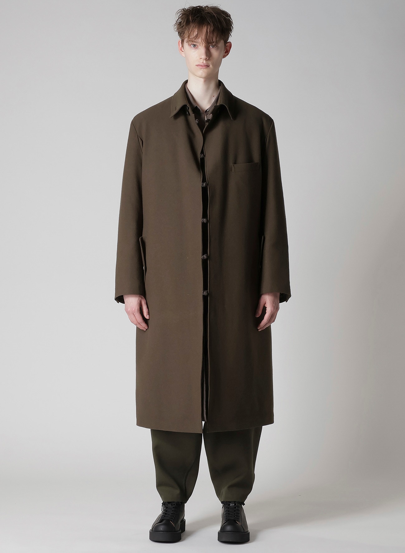 FLANNEL KHAKI BELTED LONG JACKET WITH LINER