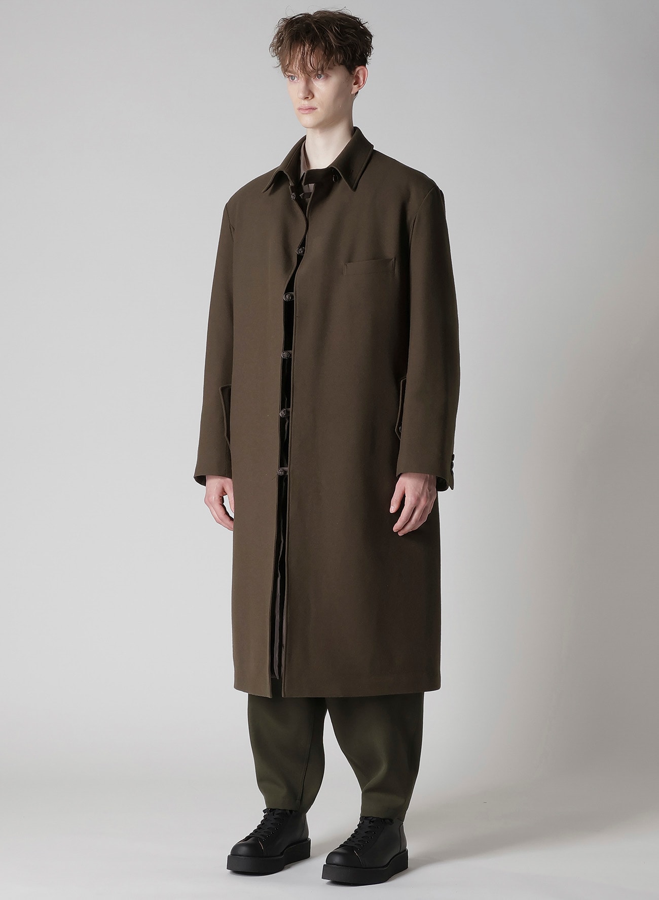 FLANNEL KHAKI BELTED LONG JACKET WITH LINER