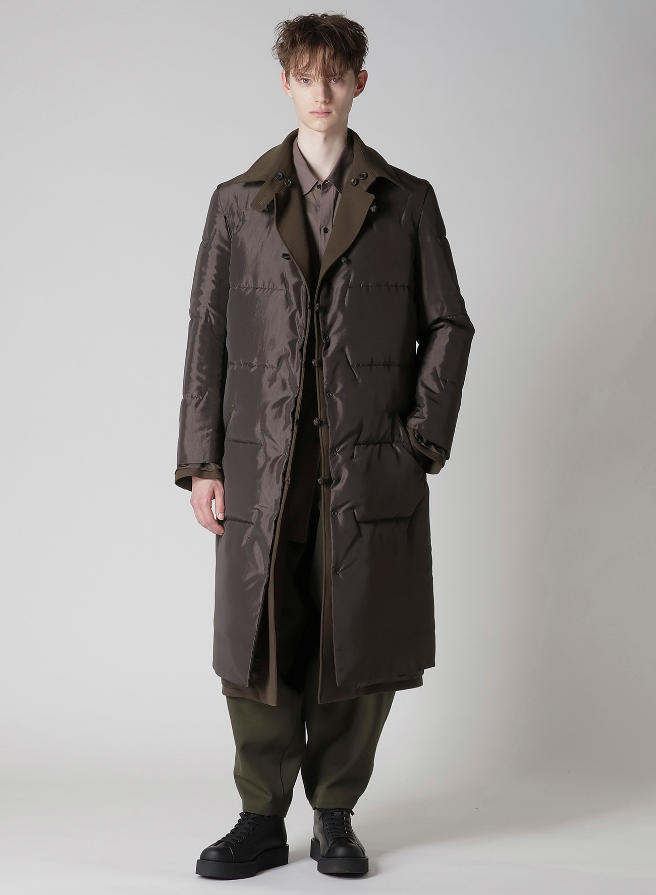 FLANNEL KHAKI BELTED LONG JACKET WITH LINER